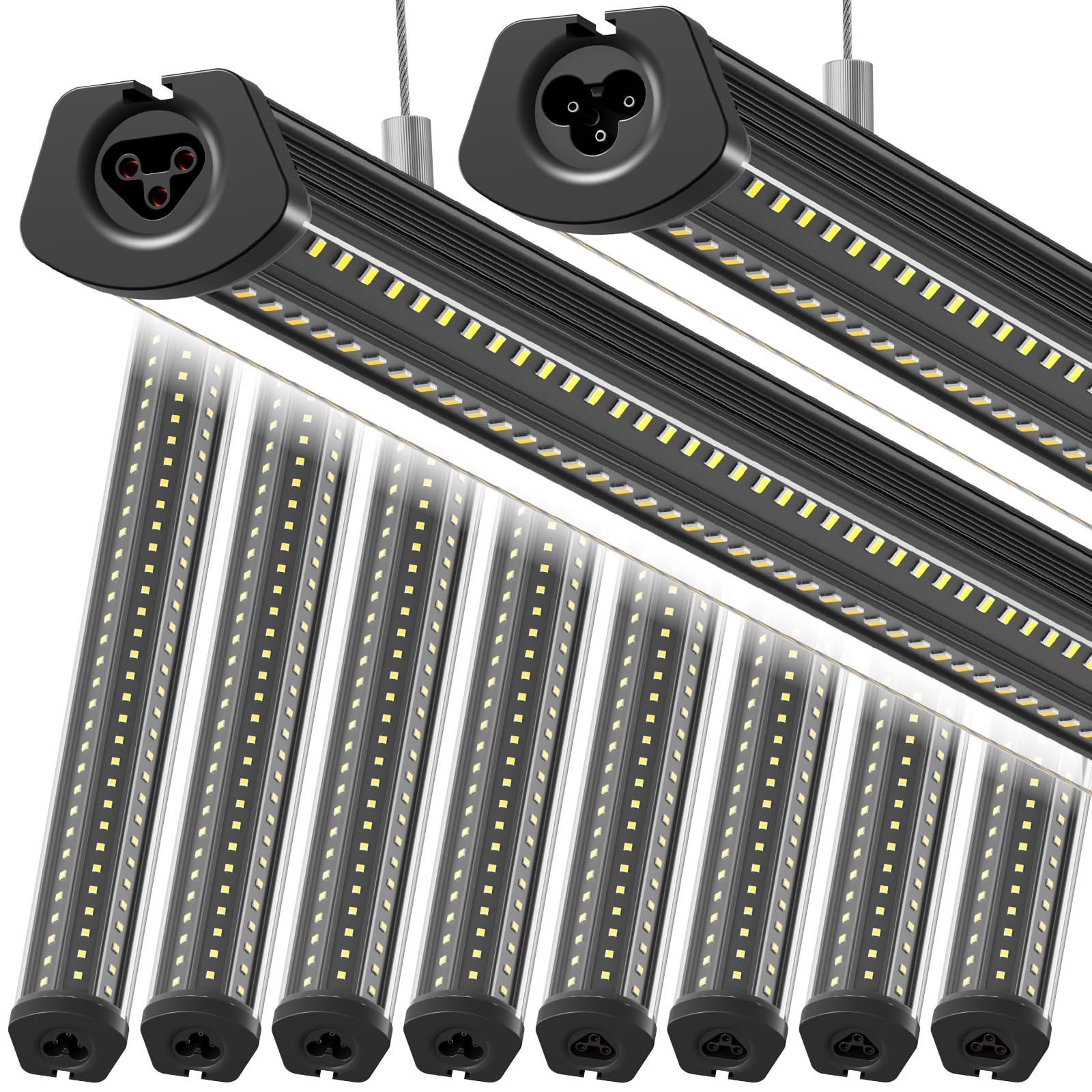 Barrina T8 LED Shop Lights 8FT, 140W 17000LM 5000K, U-Shaped 3 Rows LED Garage Lights, Linkable, Hanging &amp; Flush Mount, 8 Foot Commercial LED Shop Lights for Garage, Workshop, Kitchen, 10 Packs, Black