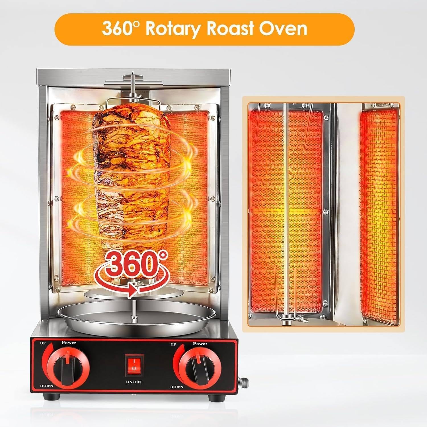 Four à Rôtissoire Rotatif à 360 °, Machine à Griller Doner Kebab Verticale, Four à Rôtissoire Vertical Professionnel à Gaz Pour Barbecue, Appareils électroménagers En Acier Inoxydable,Silver-B