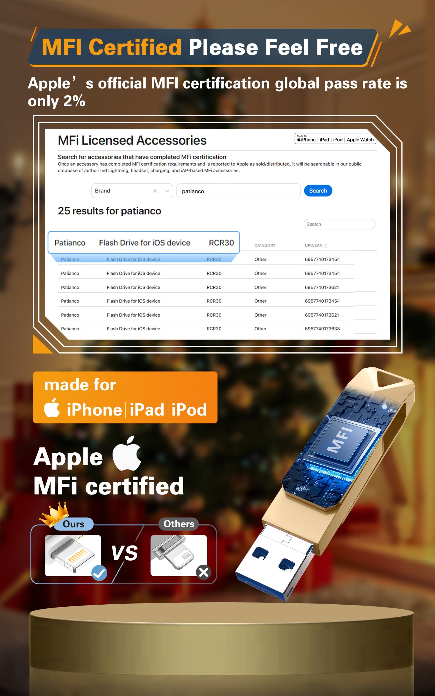 Pendrive para iPhone 256GB,[MFi Certificado] Patianco Memoria Externa USB C para iPad 3 en1 Flash Drive Externa Storage Ptotostick Lightning para OTG Android Smartphone Tablet Mac PC iOS(Oro)