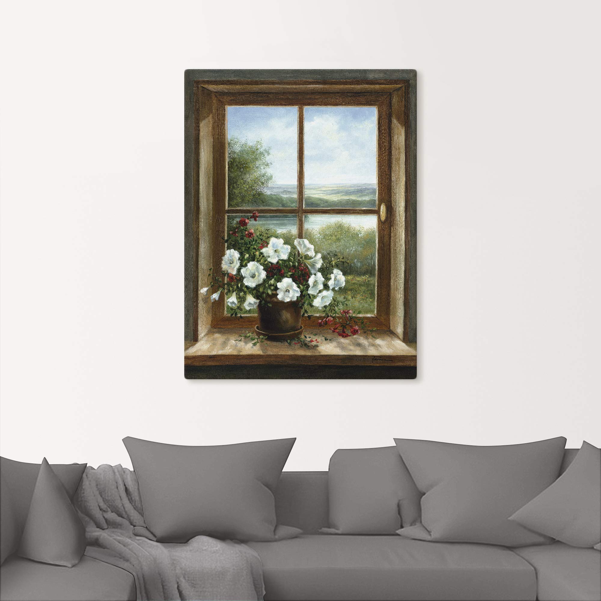 ARTLAND Wanddeko Leinwand Bilder Wandbild 60x80 cm Fensterblick Blumen Fenster Landschaft Natur Stillleben Botanik Kunst T5ZB