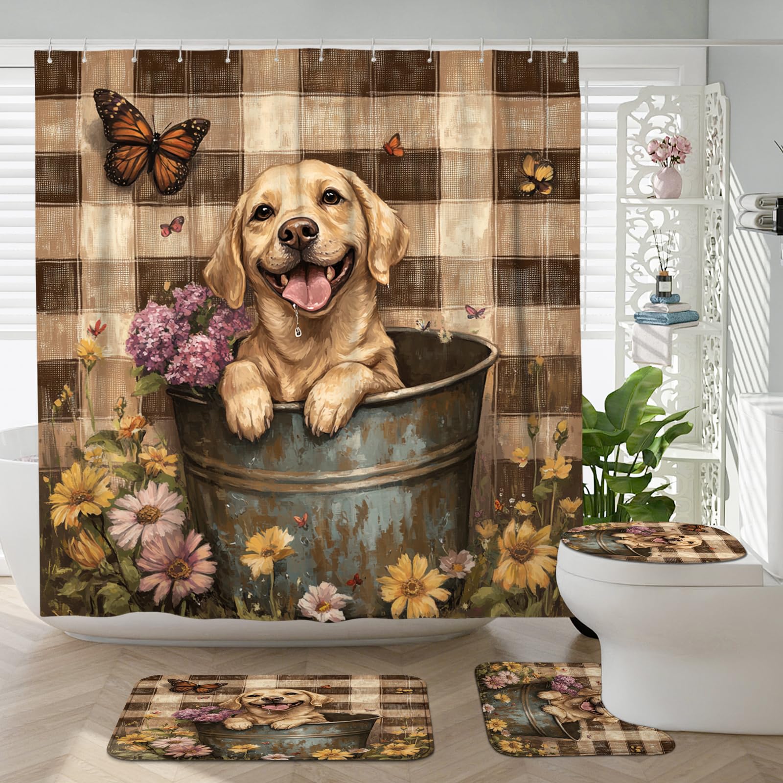 Tapis de salle de bain labrador et set de WC au style rustique