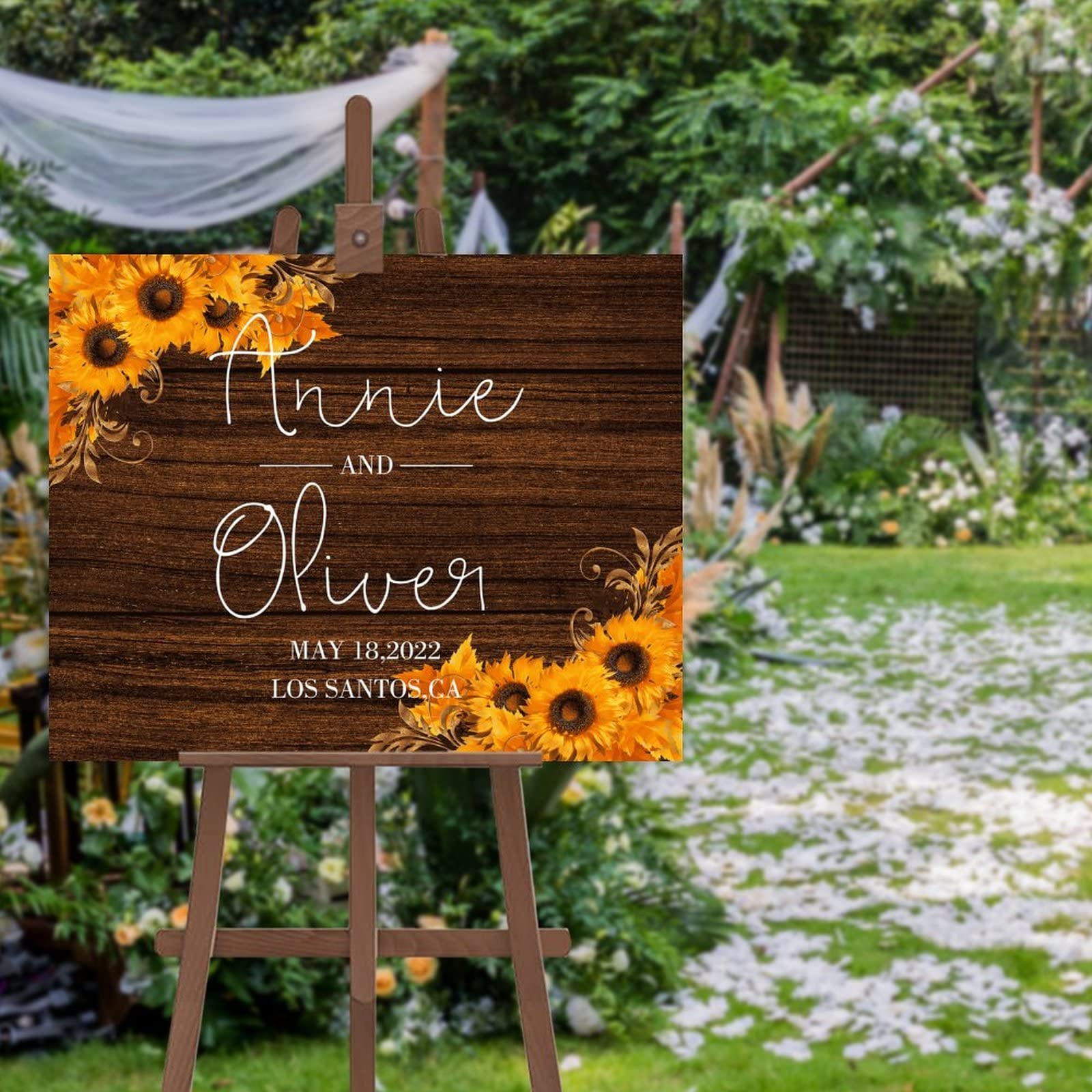 Żółty, słonecznik jesień ślub Woodgrain znak spersonalizowany znak powitalny dla panny młodej wykonane na zamówienie dowolne imię 'Welcome to Our Wedding Sign' / recepcja znak 45 x 61 cm