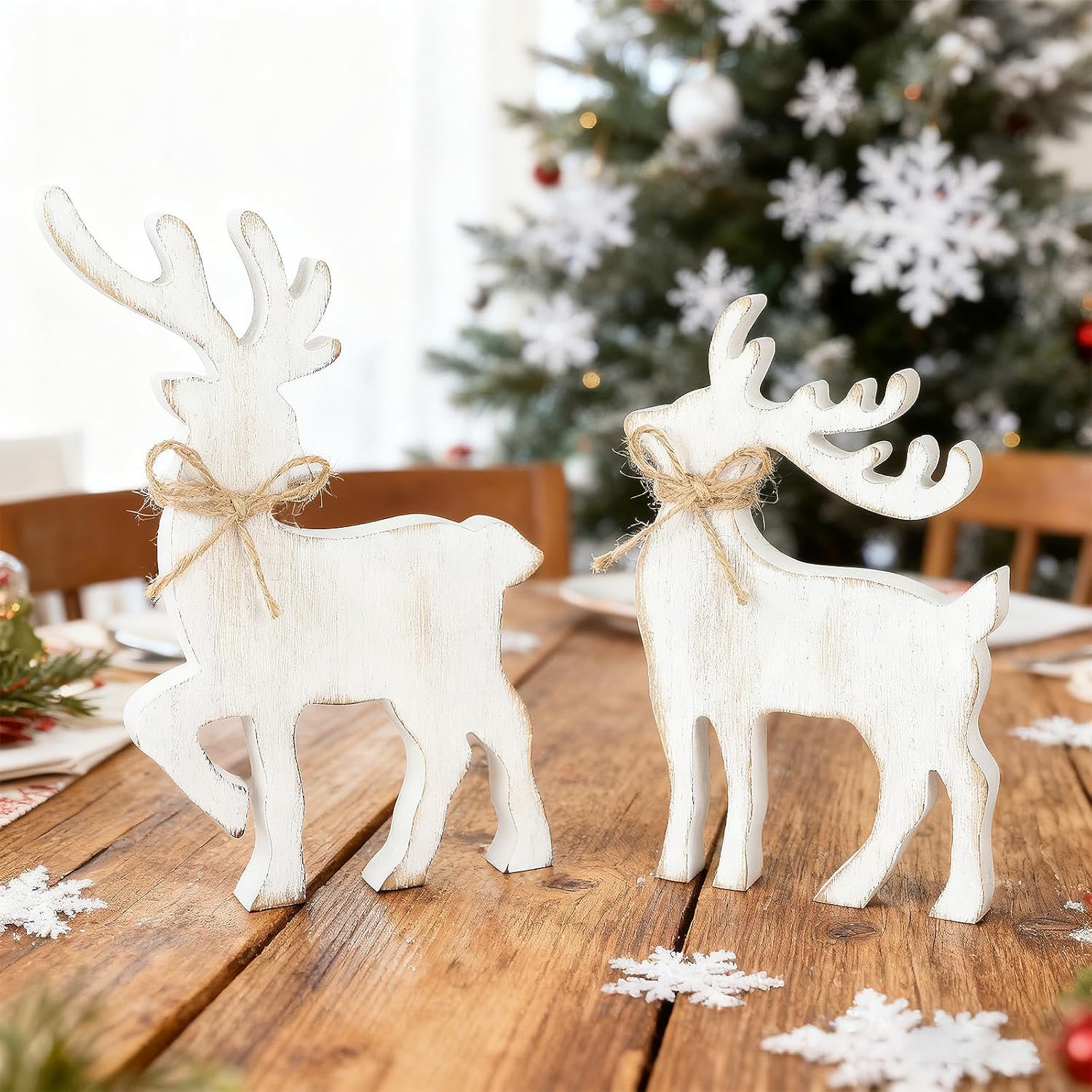 COCHIE Vintage Christmas Reindeer Decorations for Home, Office, Mantel, Tabletop, Party, Shelf, 2 Retro Farmhouse Reindeers Winter Holidays Table Centerpiece Decor, Wooden Xmas Decoration (Vintage)