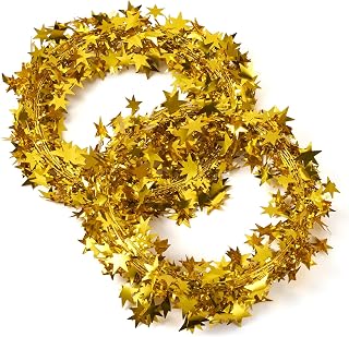 49 Ft Gold Star Tinsel Garlands with Wire, Christmas Star Garlands Sparkly Metallic Stars Tinsel Garland Decorations for Xmas Tree Home Wedding Birthday Party Festival Ornaments
