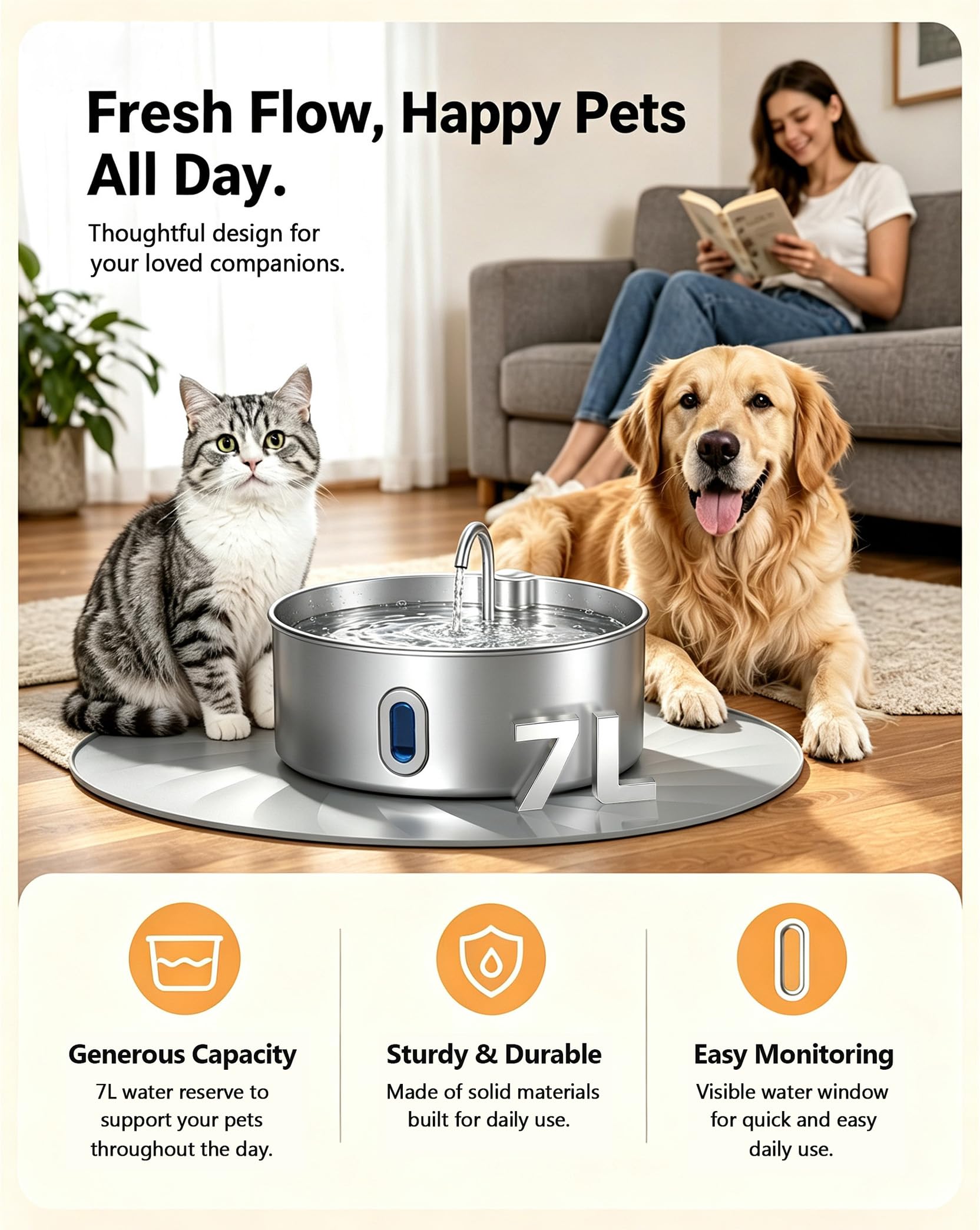 Fuente de agua para perros de acero inoxidable de 7 litros, fuente grande para mascotas con alfombrilla de alimentación, ventana visible y alerta LED, área de beber extra ancha para perros grandes y