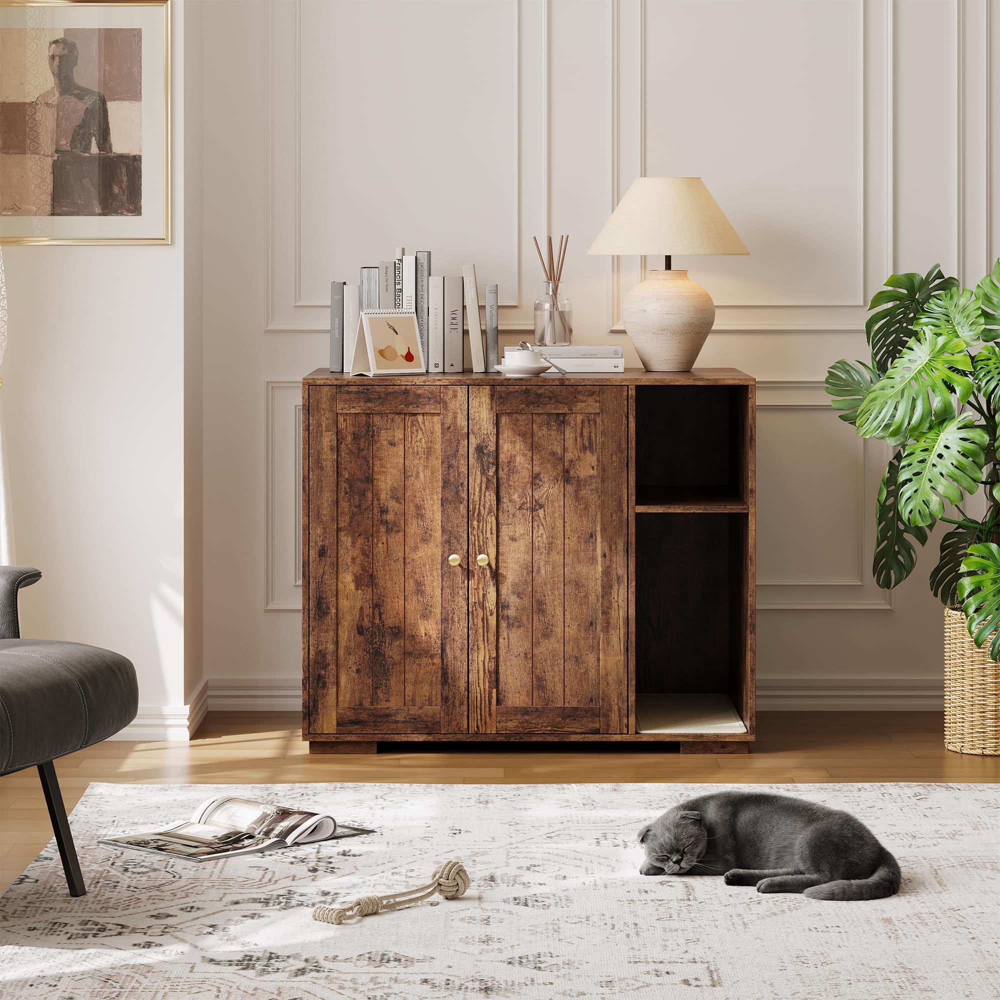 Cat Litter Box 3/4 Enclosure with Scratch Pad, Large Automatic Litter Box Furniture, Power Outlet and Dog-Proof Shelf, Cat Litter Box Furniture Hidden