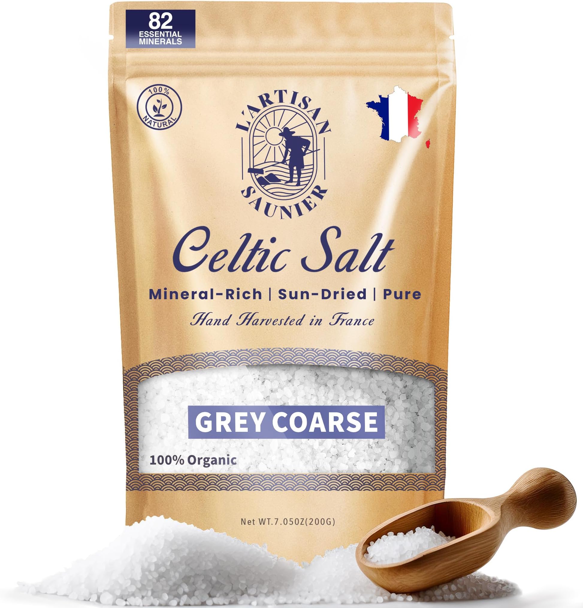 L'Artisan Saunier French Celtic Salt Organic Coarse - Grey Coarse Sea Salt, 0.44lb - 7oz, Unrefined - French - Certified 100% Natural, Hand Harvested, Sun Dried (200g)