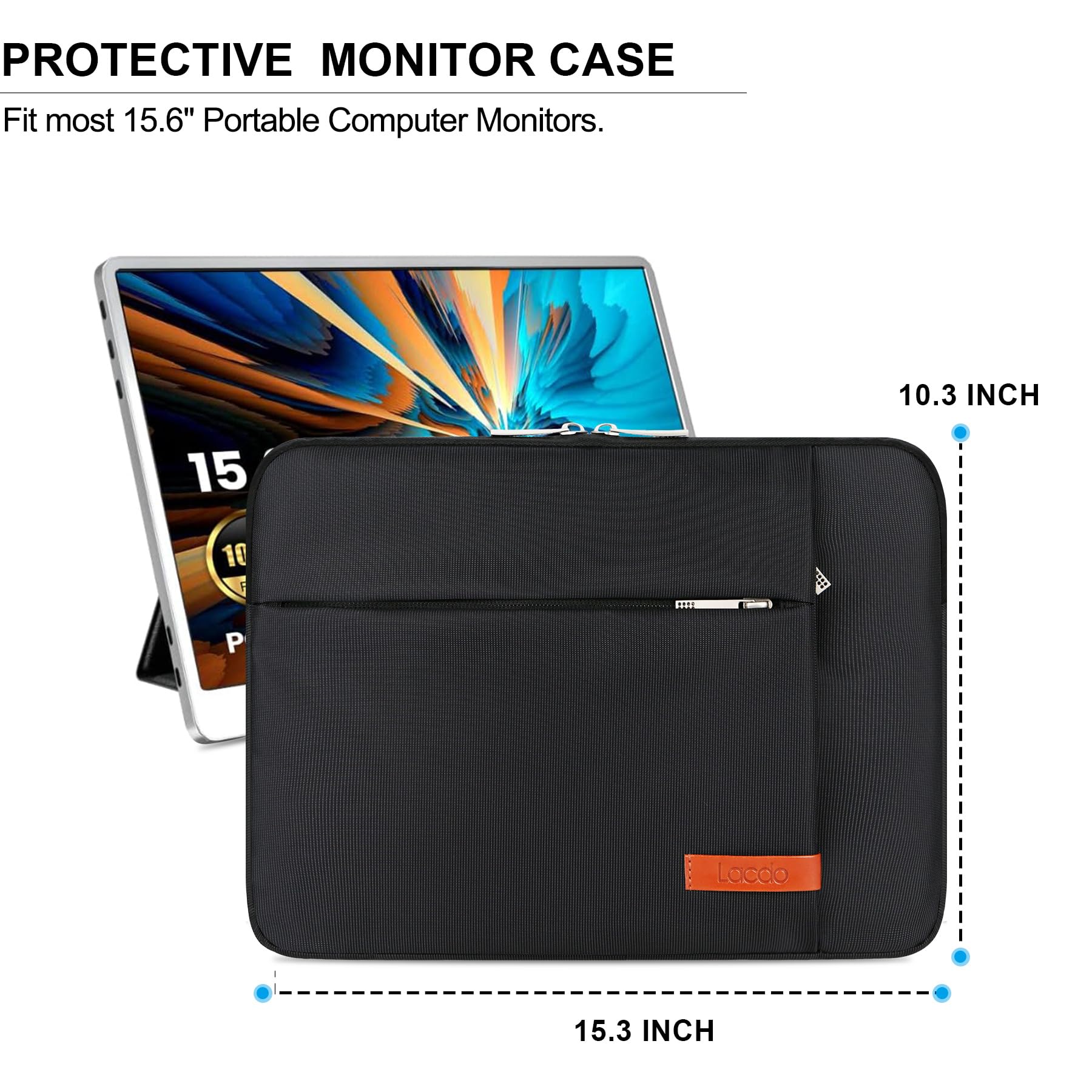 Lacdo 15.6 calowy Monitor Pokrowiec na Laptopa na 15.6 calowy Portable Monitor, Laptop Wyświetlacz Monitory Zewnętrzne Przenośny Monitor Wodoodporna Torba na Ramię Z Kieszenią Na Akcesoria, Czarny