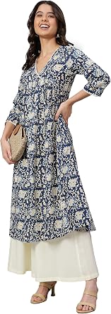 Janasya Ladies Pure Cotton Floral Print Flared Kurta