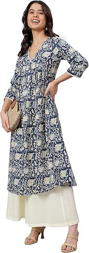 Janasya Women's Pure Cotton Floral Printed Flared Kurta