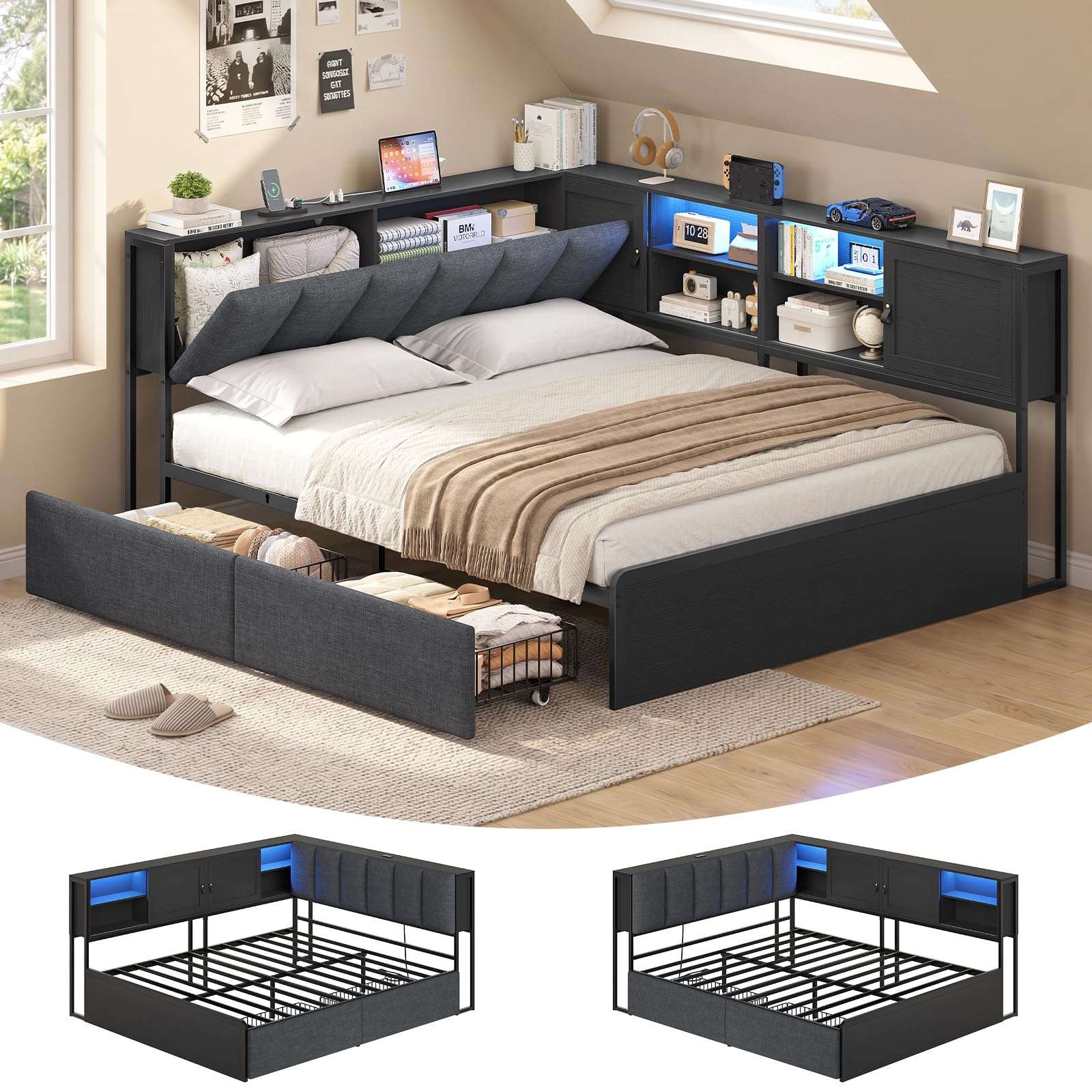 KIMENICH Polsterbett Schlafsofa 140x200 cm, Jugendbett 140x200 cm mit LED-Beleuchtung und Ladestation, Tagesbett mit 2 Schubladen, Seitenschrank mit Schiebetüren, Kopfteil mit Stauraum, Schwarz