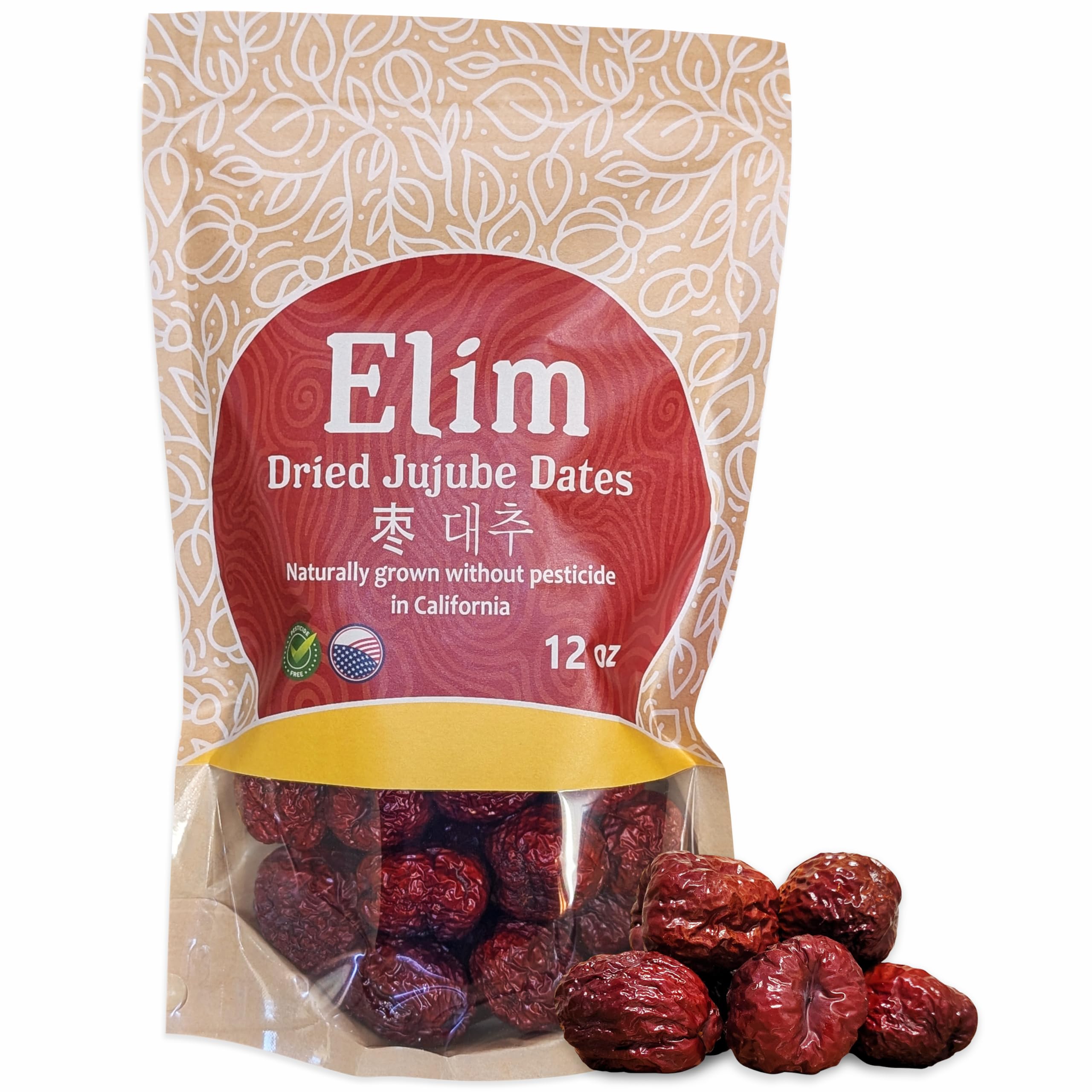 Dried Jujube Dates, (Grown 100% Naturally in California),12 oz Pre-Washed Bag