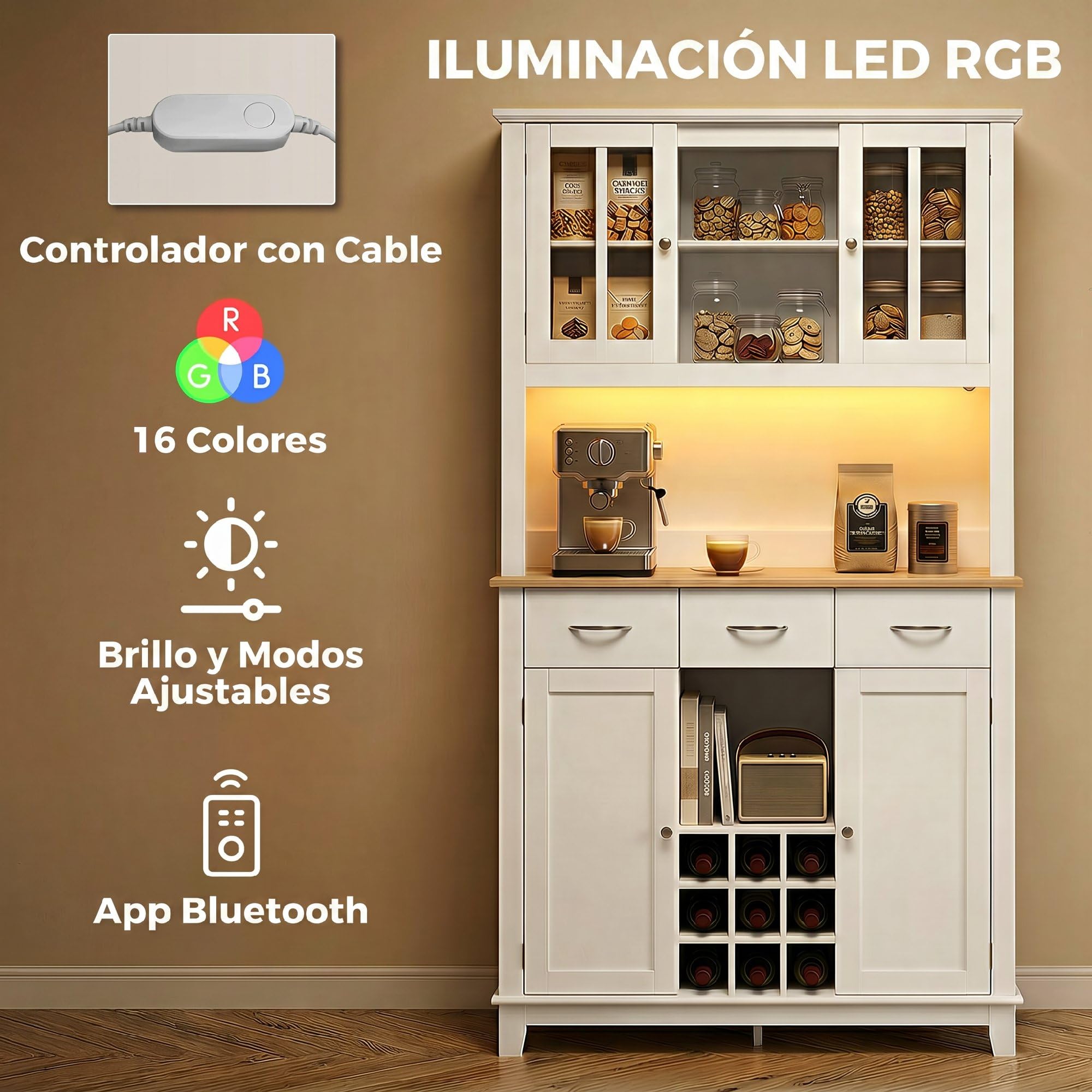 HOMCOM Alacena de Cocina con Iluminación LED Control por App, Armario Cocina Alta con Encimera para Microondas, Botellero, Puertas de Vidrio, Estantes Abiertos, 3 Cajones, Estantes Ajustables, Blanco