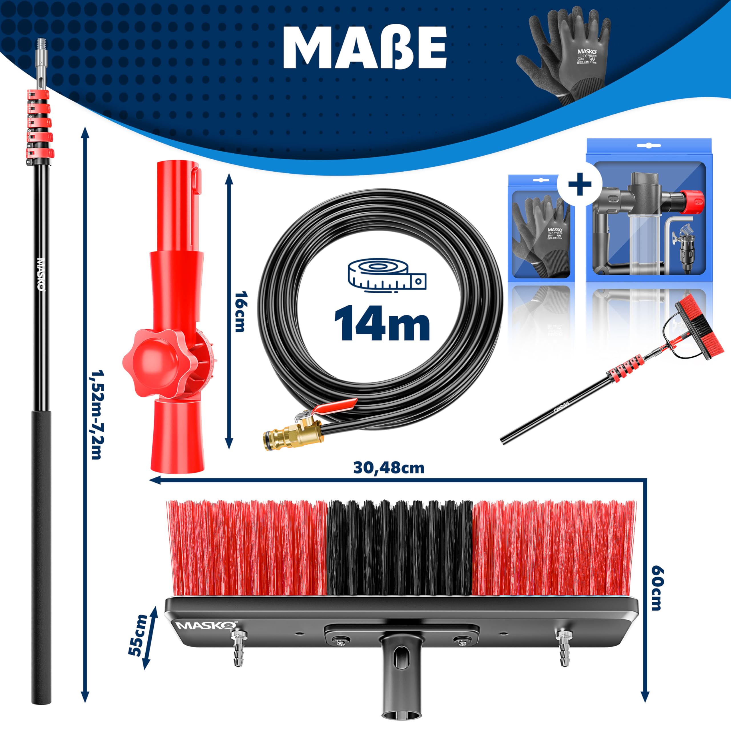 MASKO® Teleskop Waschbürste mit Wasseranschluss 7,2m Reinigungsbürste mit Teleskopstiel Ausziehbar | Teleskopbesen | Fenster & PV-Anlagen-Reinigung | Weiche Borsten Inkl. Seifenspender & Handschuhe