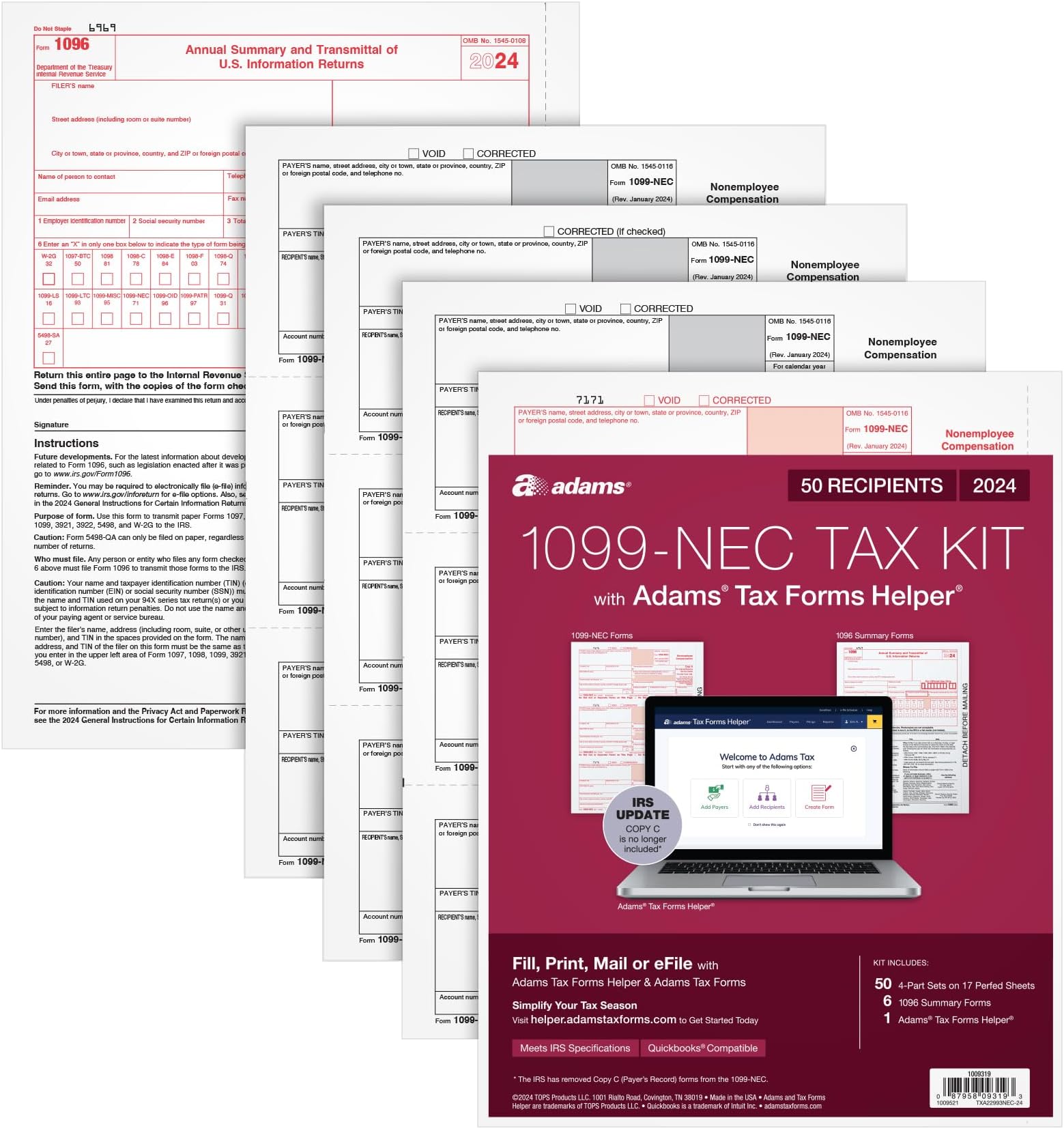Adams 2024 1099 NEC Tax Forms, 4 Part 1099 Forms, Laser/Inkjet Forms for 50 Recipients, 6 1096 Forms, Access to Tax Forms Helper (1009319)