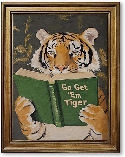 Arte de pared vintage enmarcado en oro, póster de tigre con texto en inglés "Go Get Em Tigre", divertido libro de lectura de animales, impresión en