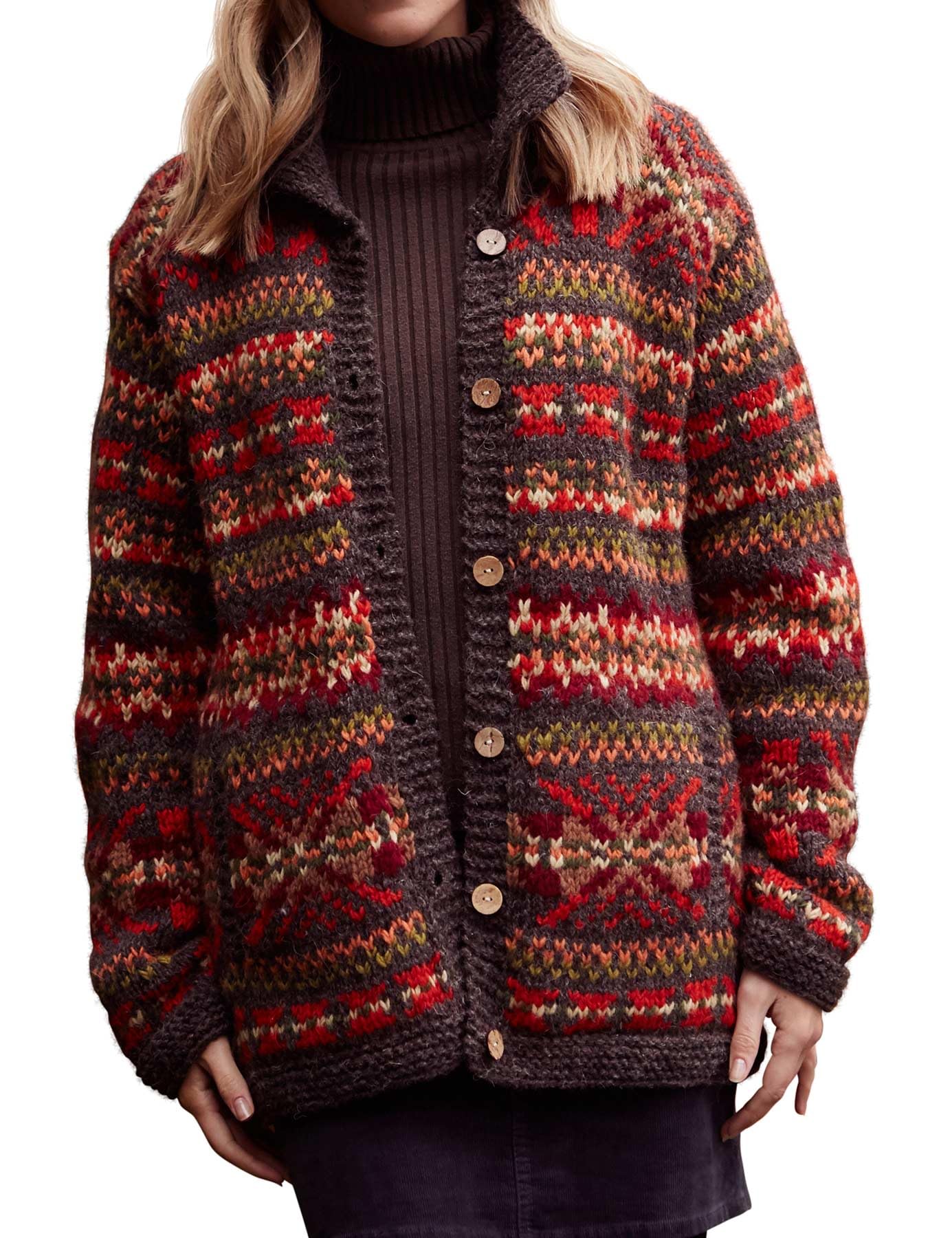Pachamama Women Wool Cardigan Handknitted Fairisle Brown Multicoloured Handmade Thick Warm Pockets Buttoned Fair Trade (UK, Alpha, M, Regular, Regular, Brown)