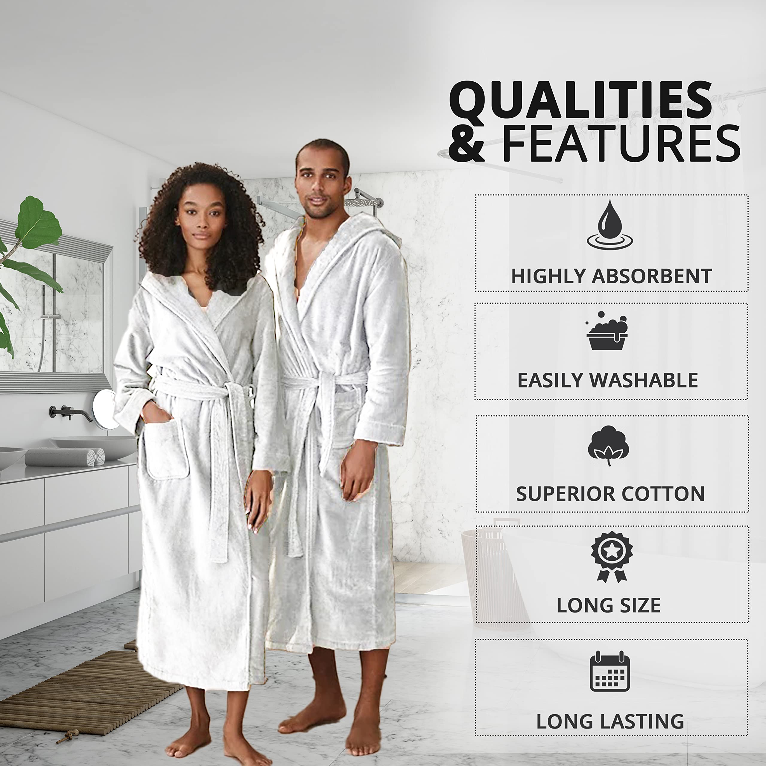 Peignoir de luxe à capuche pour homme et femme 100 % coton éponge châle parfait pour hôtel et spa