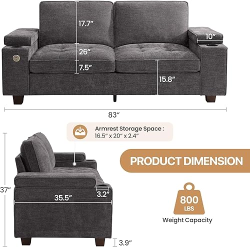 Miniatura 8 de Sofá biplaza de 84 pulgadas para sala de estar, moderno sofá tapizado de felpilla con reposabrazos de almacenamiento ajustables, portavasos, puertos
