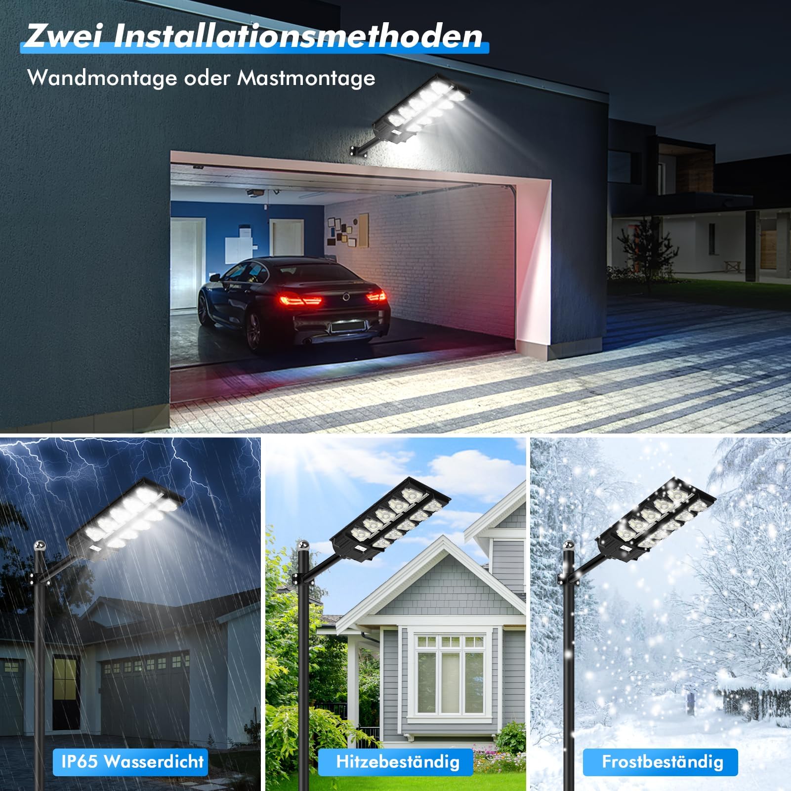 Viugreum 2 Stück 2000W Led Solar Straßenlaterne für Außen, 650000Lm Solarlampen mit Bewegungssensor, 6500K IP67 solarlaternen außen wetterfest, LED Solar Strahler Außen für Garten, Hof Garage