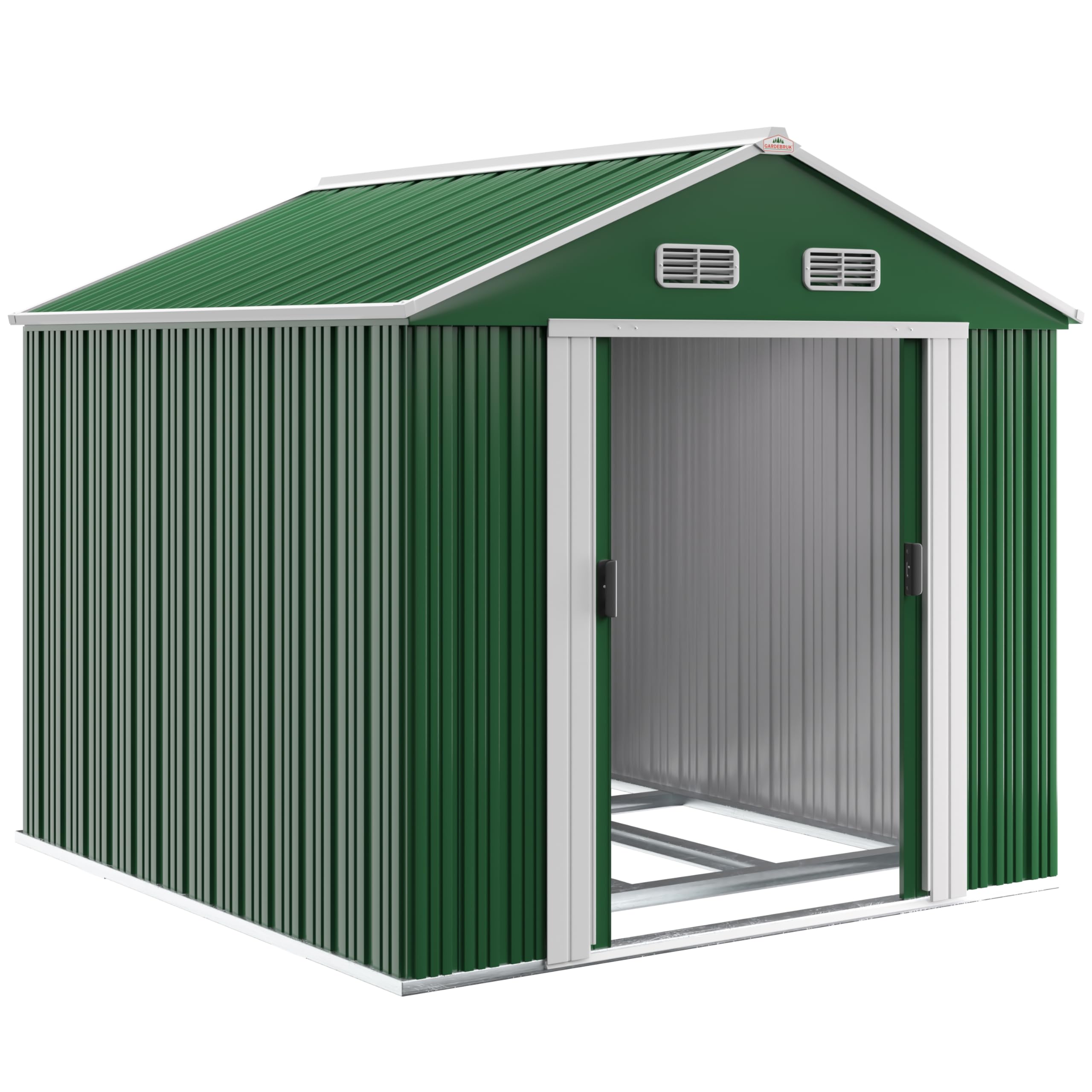 GARDEBRUK® Casetta per Attrezzi da Giardino XXXL in Metallo 8m² con Base 312x257x178cm Porta Scorrevole Capanno Verde con Tetto Prese d´Aria Capannone Rimessa da Esterno 15m³