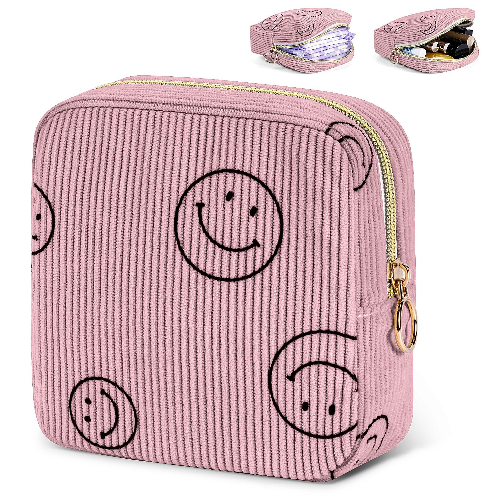 Period Bag for Teen Girls - Shark Week Pouch - Corduroy Portable Sanitary Pad Bags - Holds 6-10 Pads - Pink