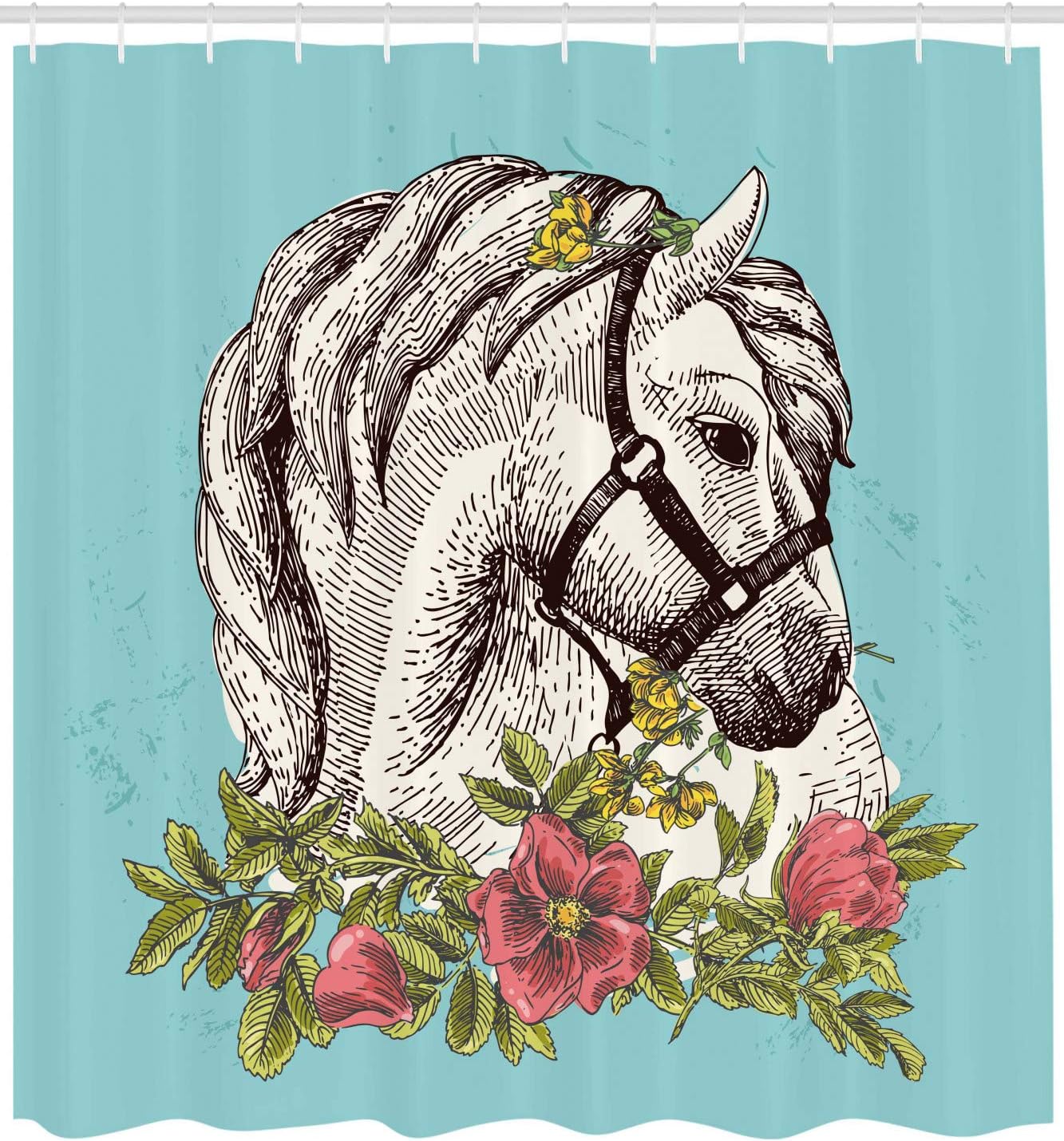 Ambesonne Floral Shower Curtain, Boho Style Horse Portrait with Blossoming Poppy Wreath Illustration, Cloth Fabric Bathroom Decor Set with Hooks, 69" W x 84" L, Apple Green and Turquoise