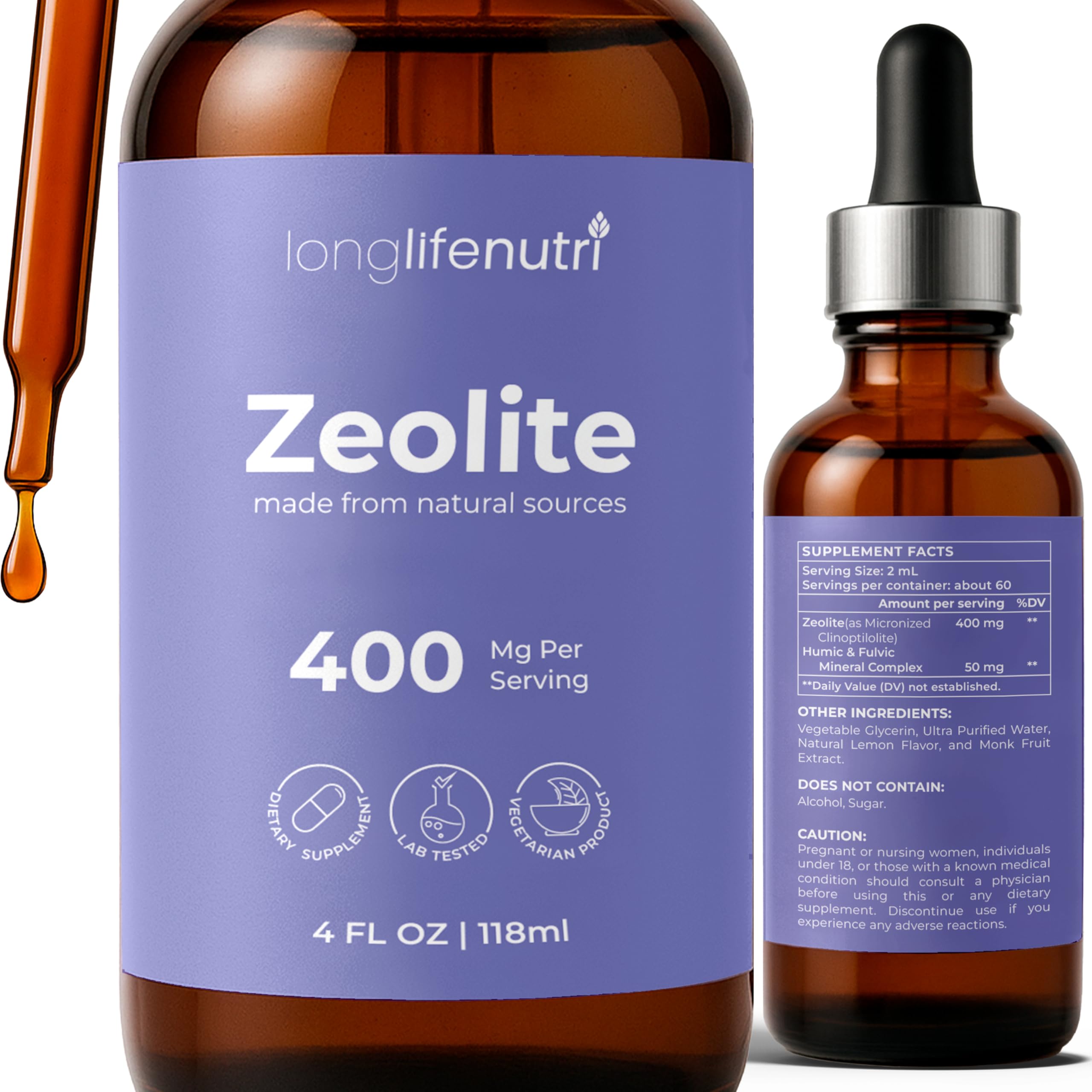 LongLifeNutri Zeolite Drops 400mg, 4 FL OZ, About 2-Month Supply