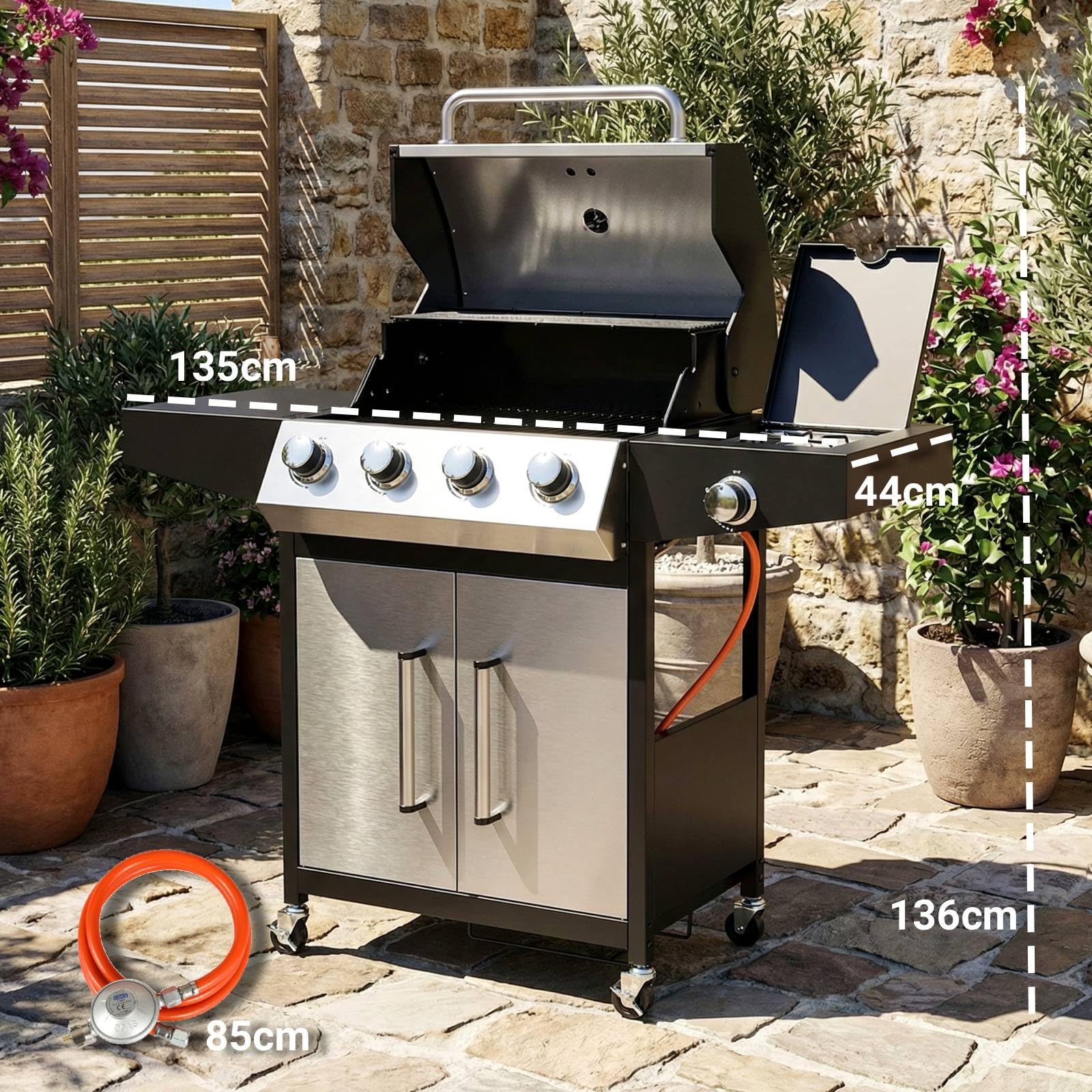 15 kW gazowy 4+1 palnik, grill zewnętrzny z palnikiem bocznym, stal z termometrem, 60 x 42 cm, powierzchnia do gotowania, na balkon i do ogrodu