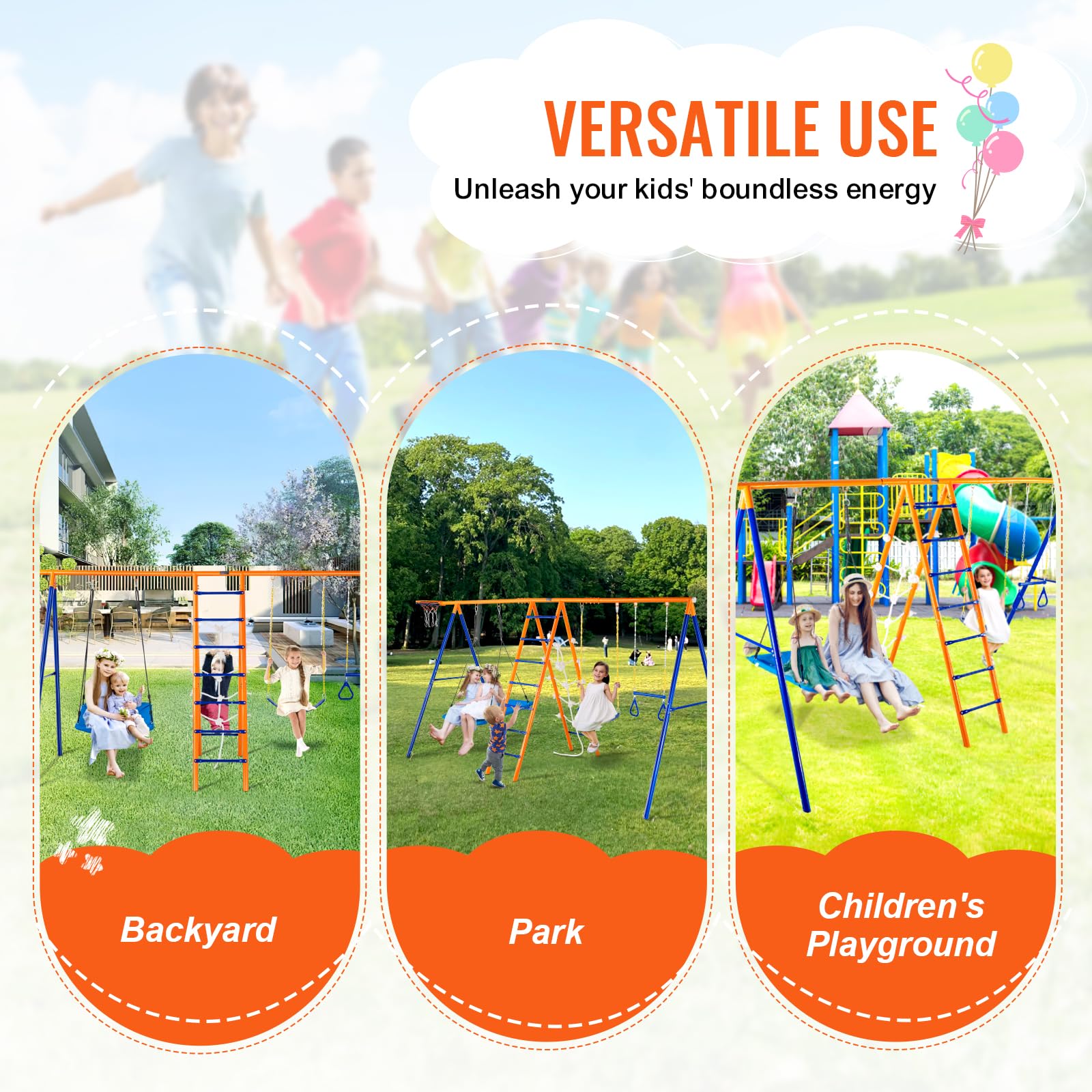 VEVOR Altalena da Giardino, Altalena 6 in 1, Altalena in Metallo per Carichi Pesanti da Esterno con 2 Altalene, Barra a Trapezio, Scala da Arrampicata, Capacità di 200 kg per Bambini dai 3 Anni in Su