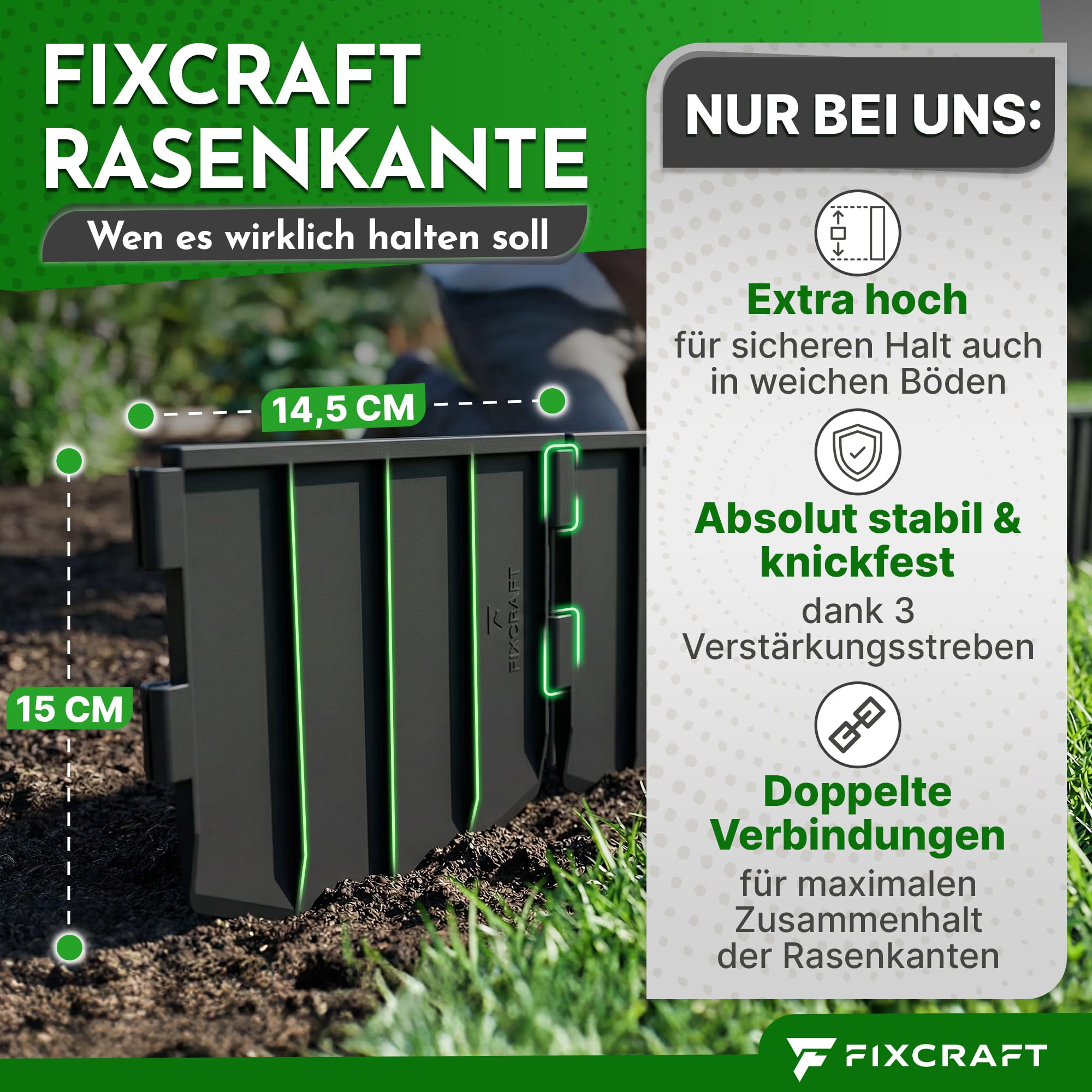 Rasenkante Kunststoff 10m [15cm hoch] - Mähkante, Beeteinfassung | Flexible Beetumrandung, Beetkante | Stabil, knickfest, breiter Schlagkopf | Sicher für Mähroboter, Kinder