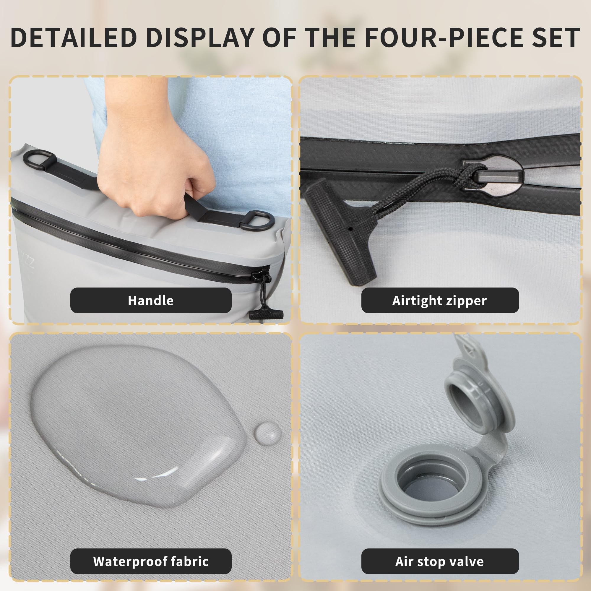 Organizer per Valigie Compressione Cubo Imballaggio Set di 4 Riutilizzabile TPU Sacchetti Sottovuoto con IPX8 Impermeabile Cerniera Sacchetti Sottovuoto per Vestiti Biancheria Intima Calzini Scarpe