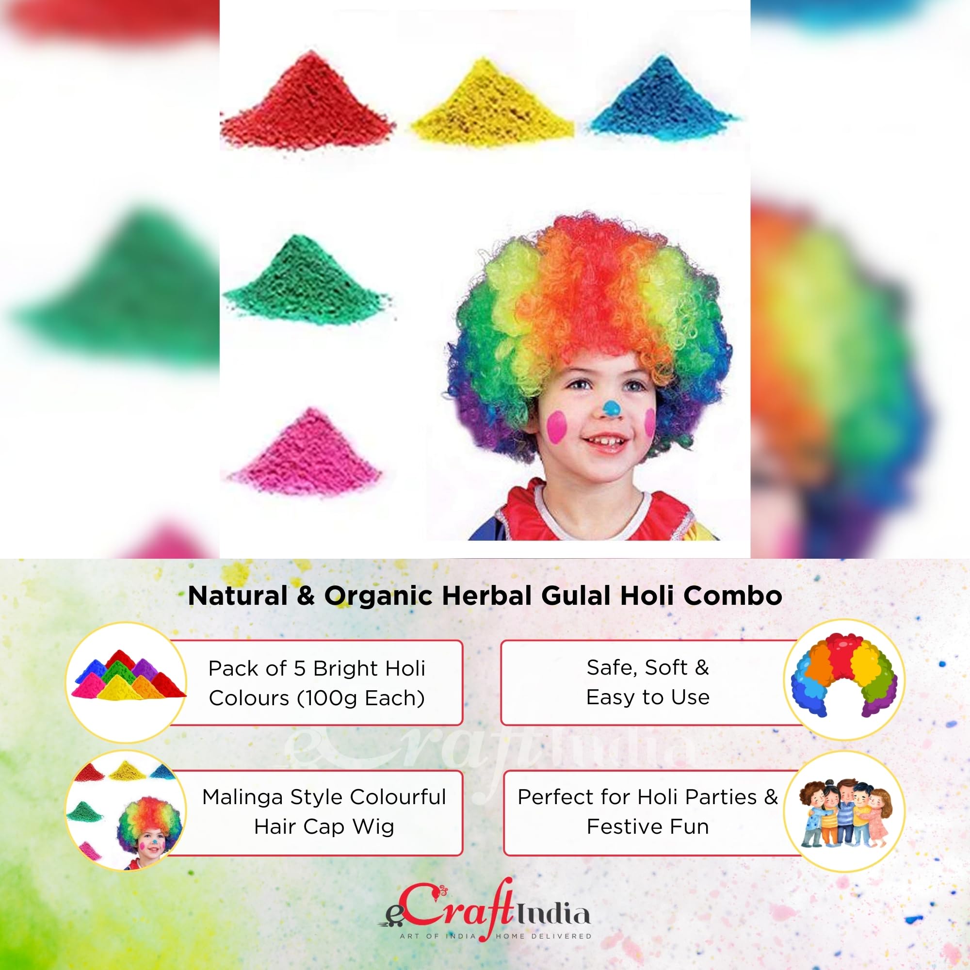 eCraftIndia Holi Combo - Pack of 5 (5x100 gm) Natural & Organic Holi Colours Herbal Gulal and Malinga Style Colourful Hair Cap Wig 2