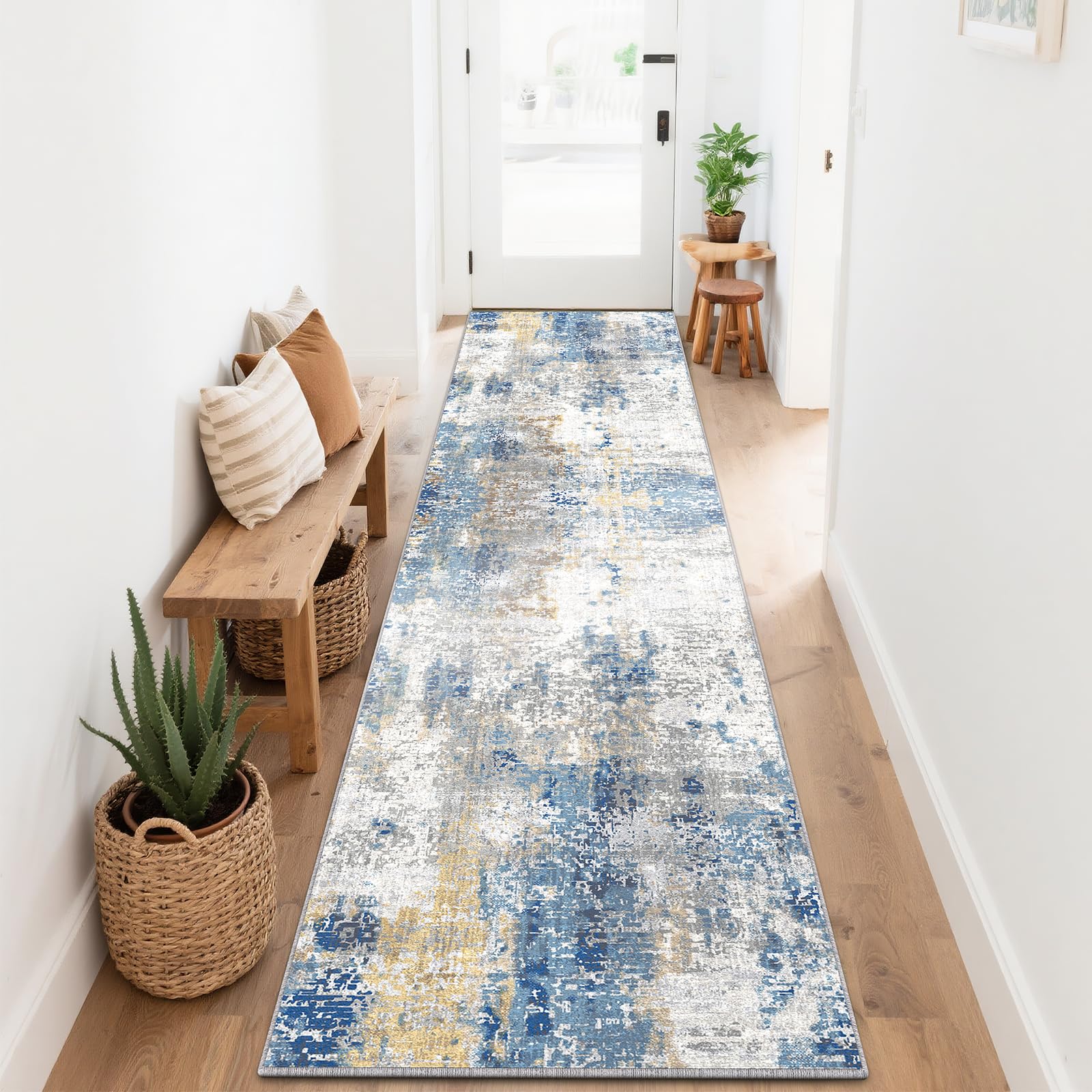 SOANNY Runner Rug, 80x240 cm Abstract Low Pile Carpet, Non-Slip Washable Area Mat for Bedroom, Hallway, Kitchen, Laundry, Entryway, Utility, Beside Sofa, Office, Dusty Blue