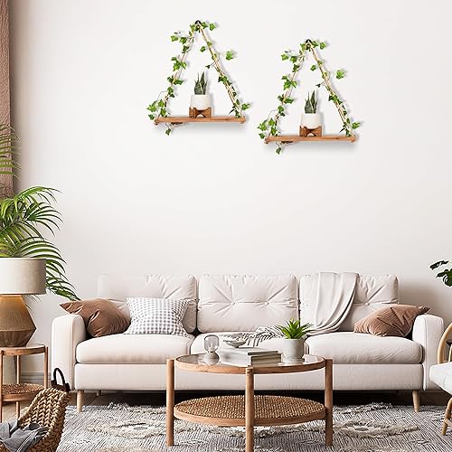 Miniatura 6 de Juego de 2 estantes colgantes de macramé con vides artificiales de hiedra LED, luz blanca cálida, estantes bohemios para dormitorio, baño, sala de