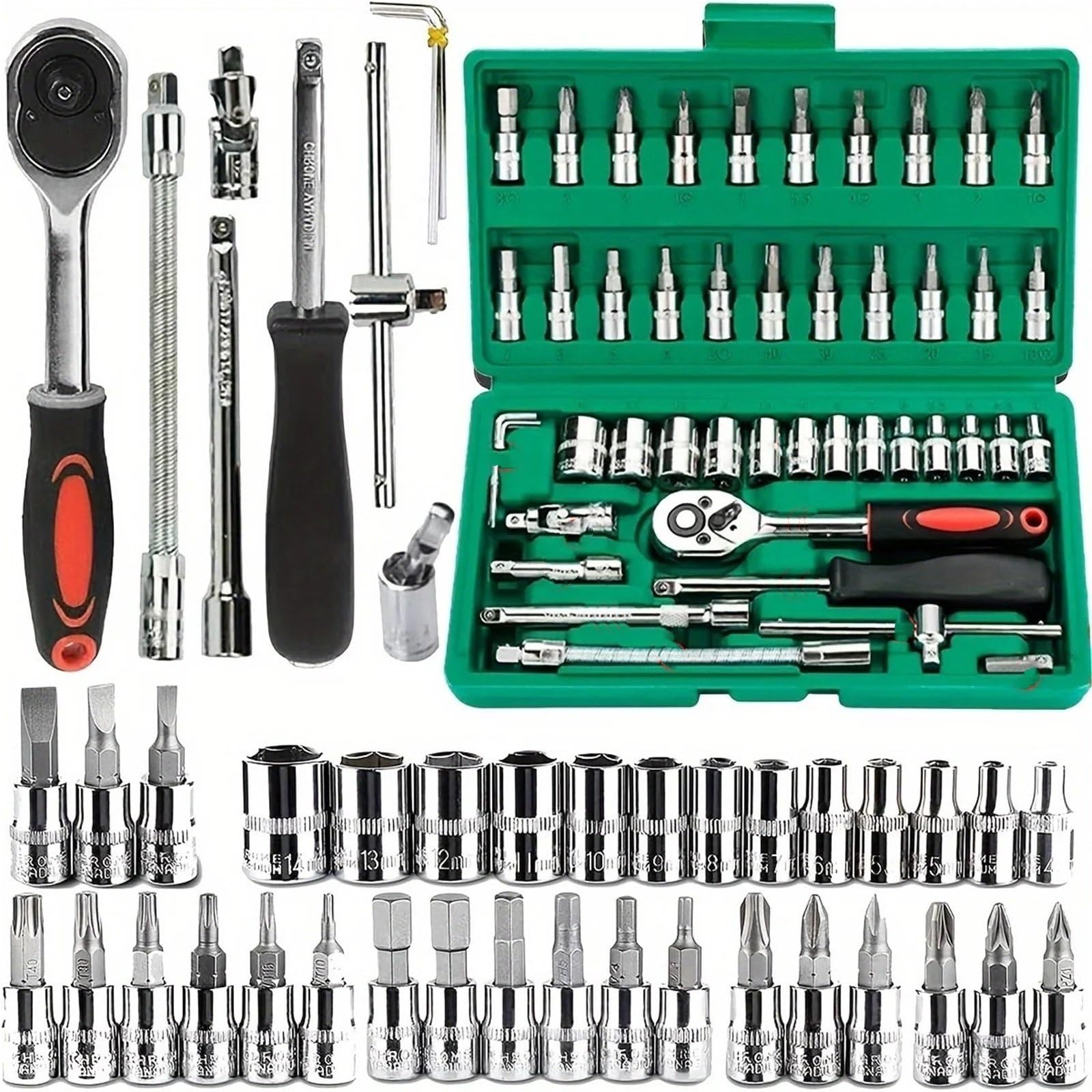 Kauwyehd One Color 46Pcs Family Tools 1/4 Set Mechanic Tool Kits For Auto Repair Hous With Sockets Metric Hex Bit Socket Inch Socket Wrench Set