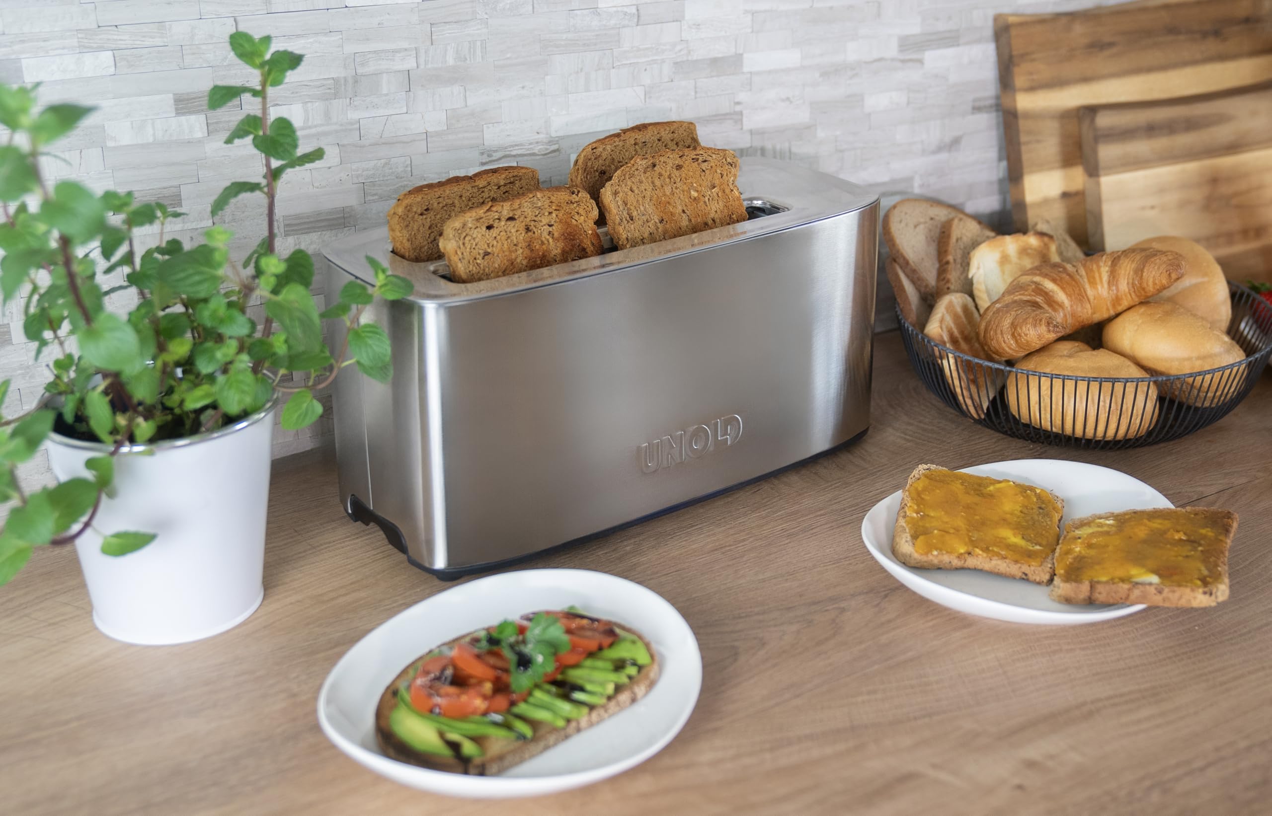 Unold 38266 Tostapane Tom - Tostapane a 4 fette 1400 W, corpo in acciaio inox termoisolato, anche per fette di toast XXL, con 4 funzioni: tostatura, riscaldamento, scongelamento e arresto