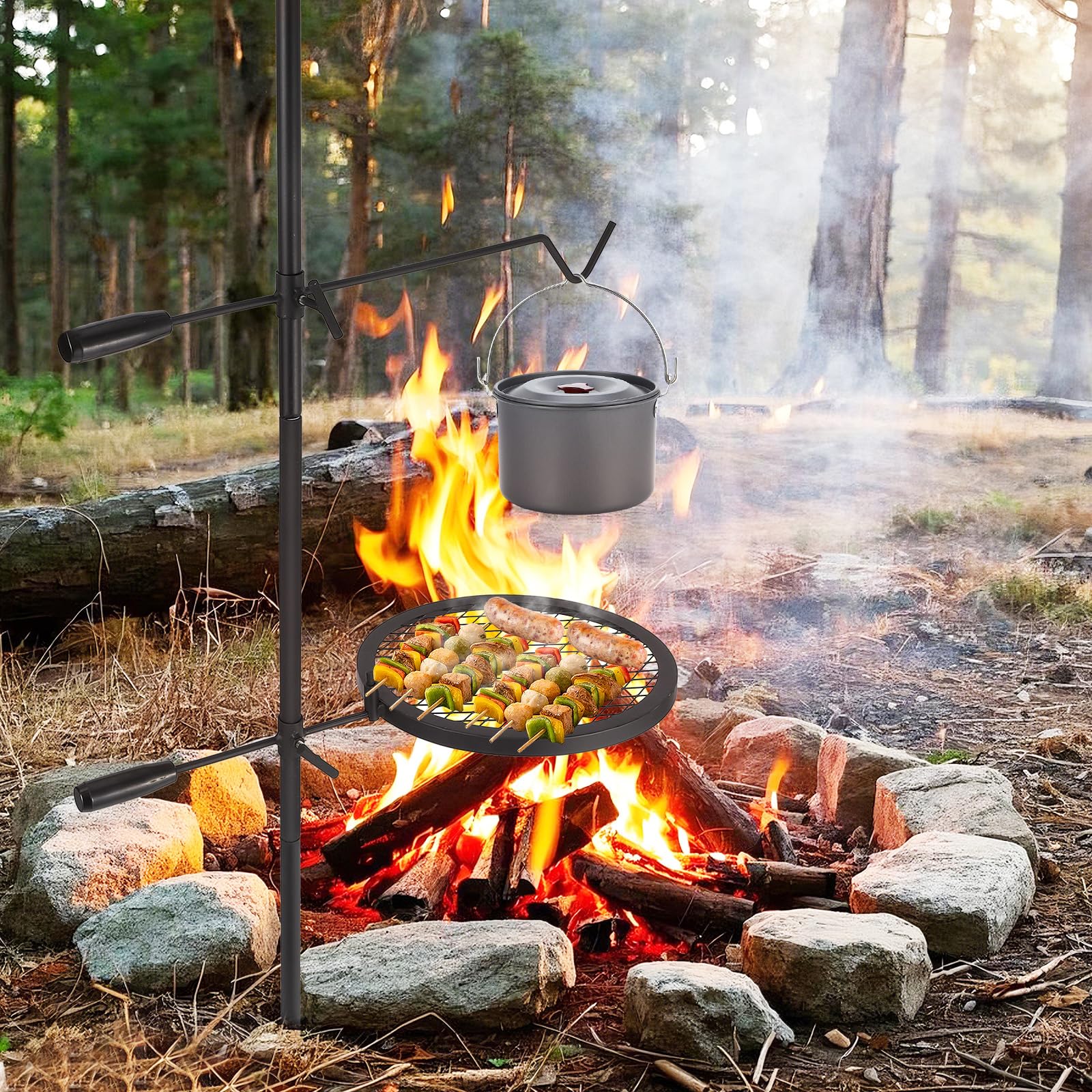 Djioyer 24.4X24.4" Campfire Grill Grate, Heavy Duty Steel Grate With Handle