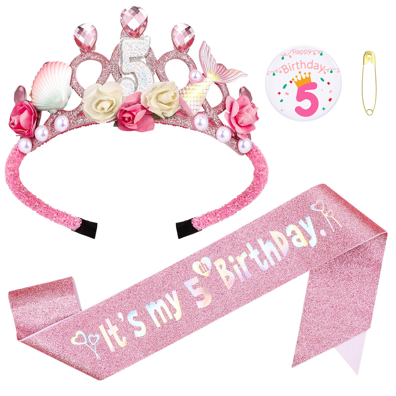 GSrenyu 5th Birthday Decorations for Girls,Mermaid Themed Birthday Girl Headband Tiara,Birthday Girl Sash & 5th Birthday Badge,5th Birthday Party Accessory Set