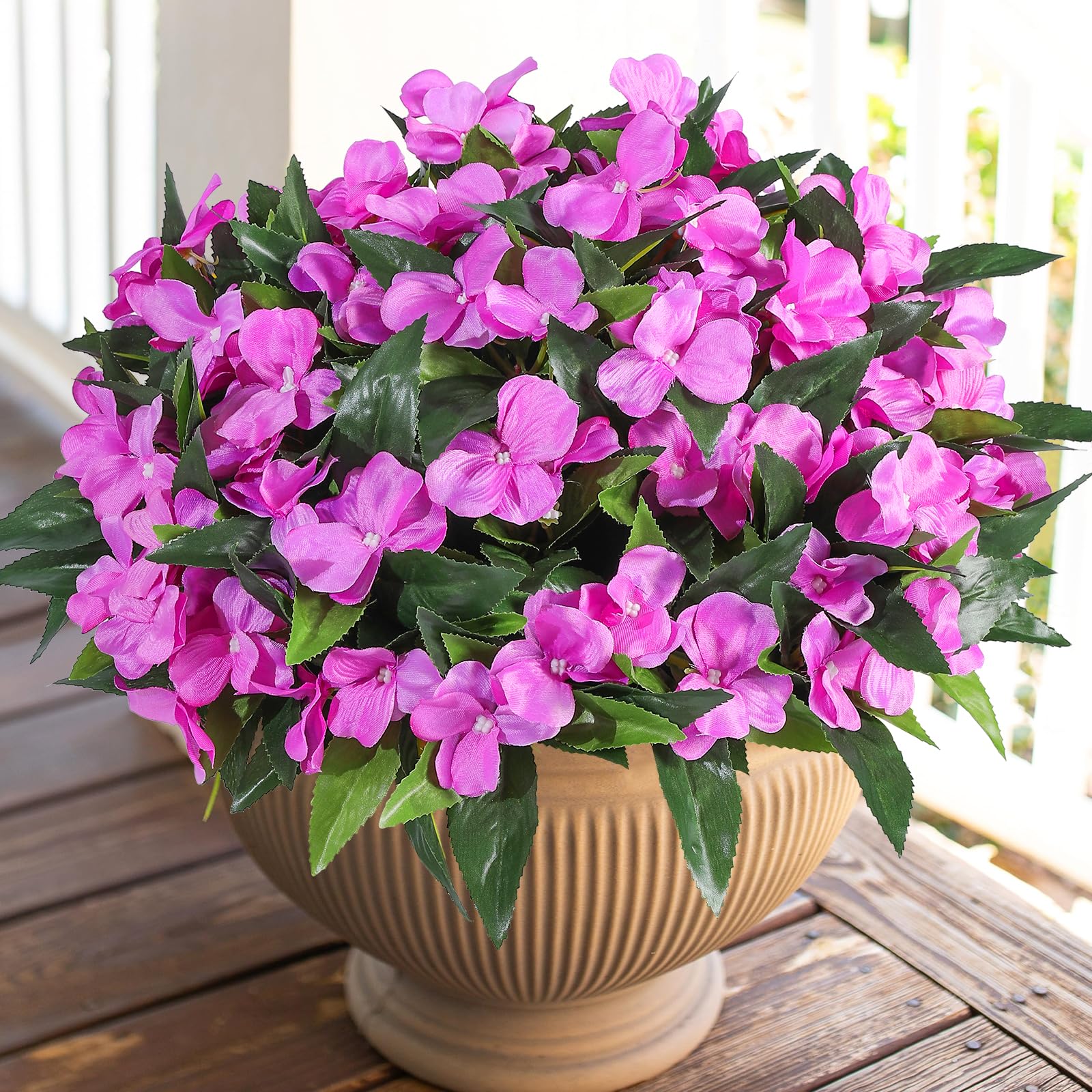 Veryhome Artificial Flowers Outdoor 2 Bundles Silk Flower Bouquet Fake Geraniums Impatiens for Outdoor Indoor Artificial Plants UV Resistant for Home Garden Vase Window Boxes Balcony Decor(Fuchsia)