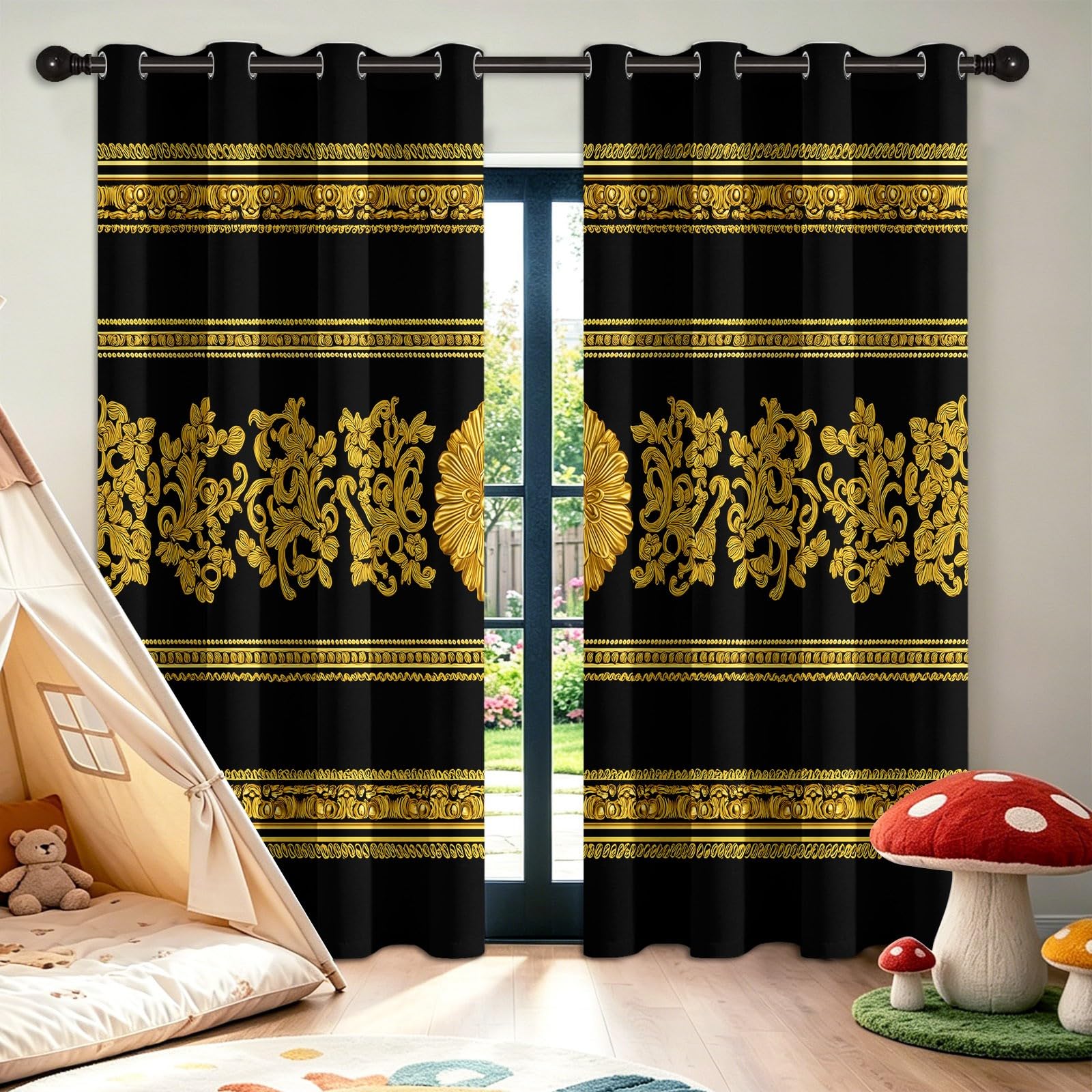 Jaune Rideau Occultant à Oeillets, Traditionnelle Rétro Luxueuse Rideaux Isolant Thermique Anti Bruit, Protection de la Vie Privée Décoration Rideau pour Chambre à Coucher 140 x 260 cm, 2 Pièces