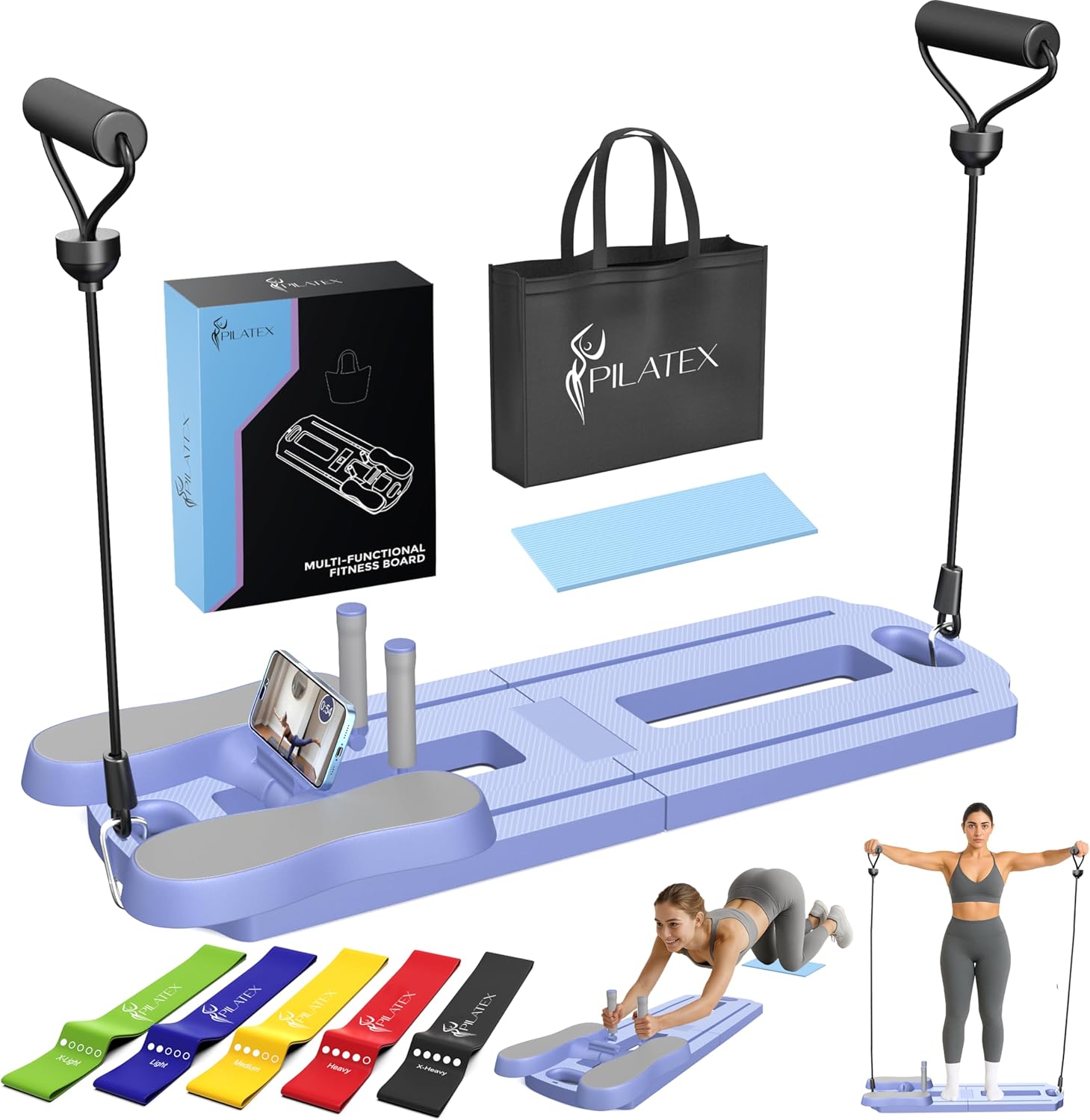 Pilates Board Lite, Foldable Pilates Reformer Equipment & Travel Bag, 7-in-1 Multi-Purpose Portable Pilates Reformer Machine Home Pilates Kit for Home Workout, Fitness, Exercise, Abs Purple