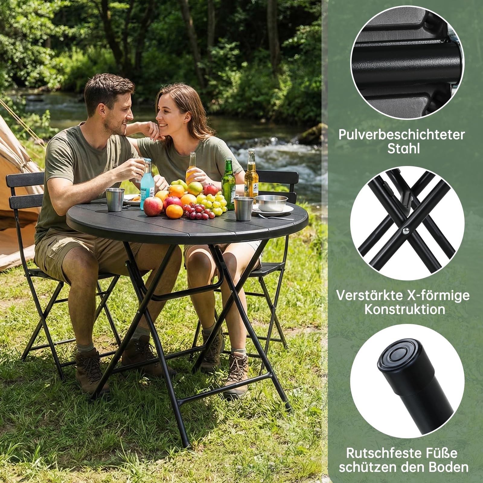 Clevich Gartentisch Klappbar, Beistelltisch Rund Holz-Optik, HxD: 74x80 cm, Balkontisch mit Stahlrahmen Beine, Hochstabiler Campingtisch, Wetterfest, Pflegeleicht, für Balkon, Garten & Terrasse