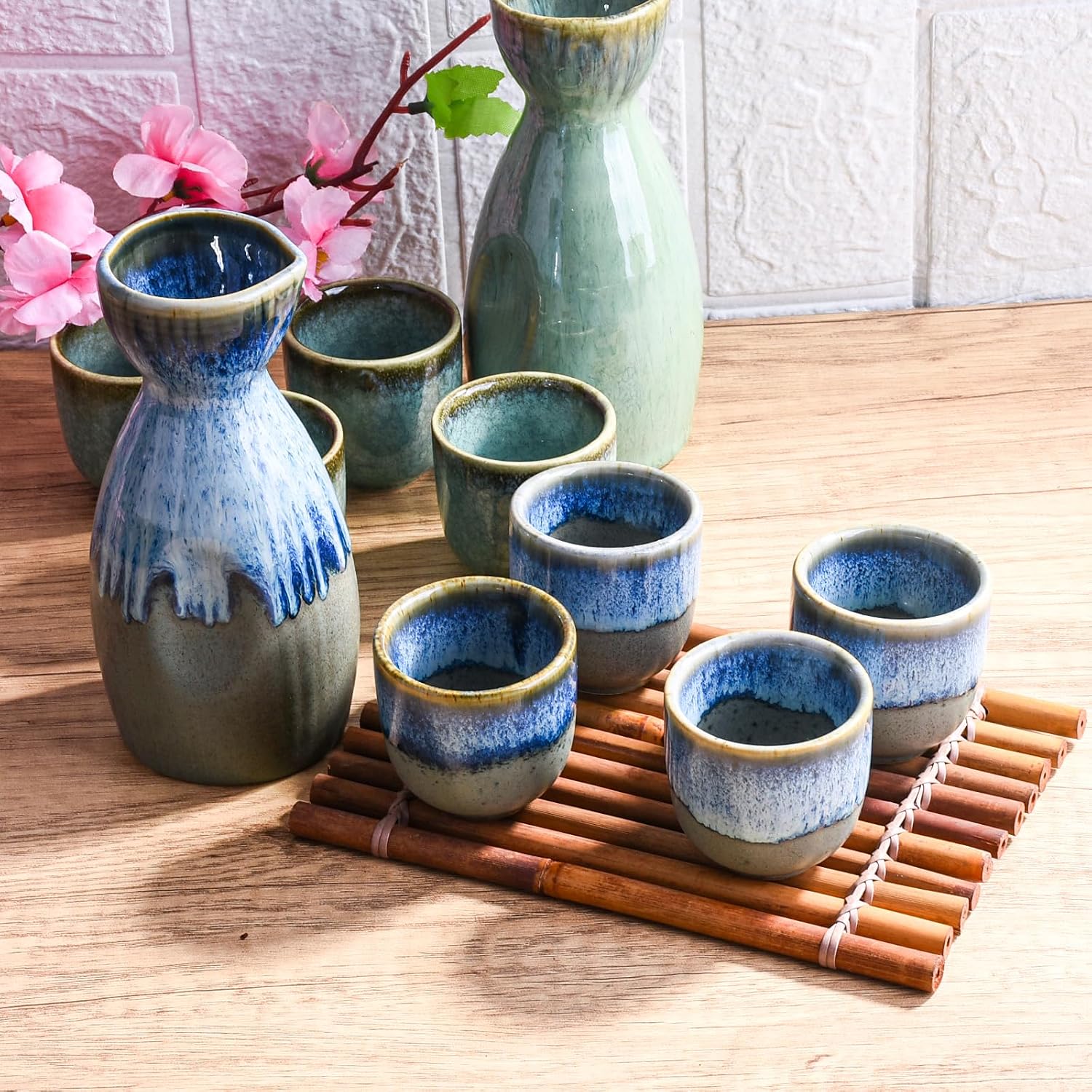 Japanese Sake Set of 5, Large Ceramic Wine Pot with 4 Cups Blue Glaze