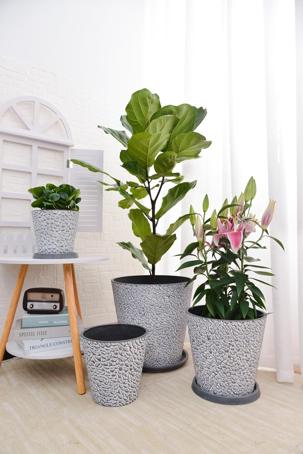 GreenShip Plant Pot, No. 8 Pot, Pot Cover, No Drain Holes on The Bottom, No Replanting Required, White Stone, Resin Plastic & Stone, Embossed Series, Ships Same Day from Osaka Warehouse, Patent