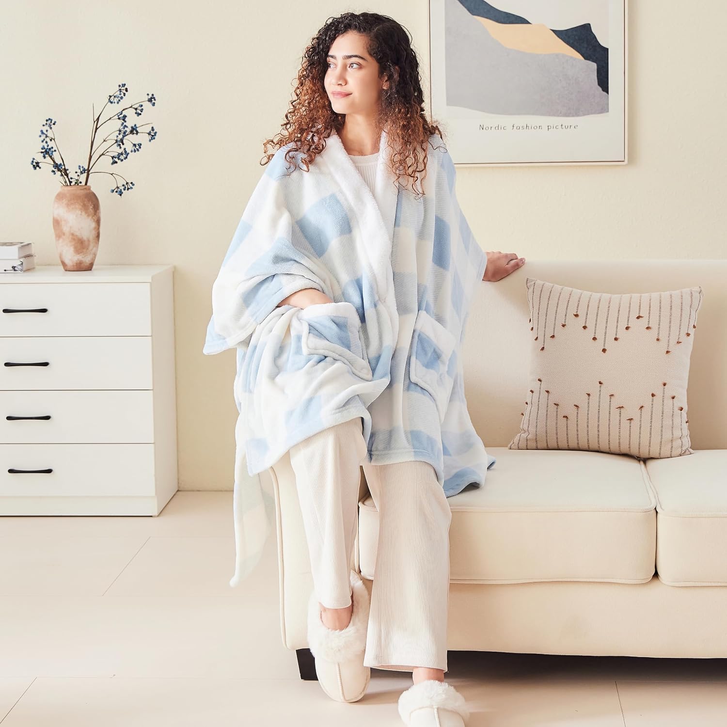 Mellowdy ULazy Blanket, Poncho Shawl Wearable Blanket with Pockets and Sleeves for Women and Men, Warm Snuggie, Soft Fuzzy Robe Fleece Throw for Gifting, Home, Travel (Winter Blue Check) image 2