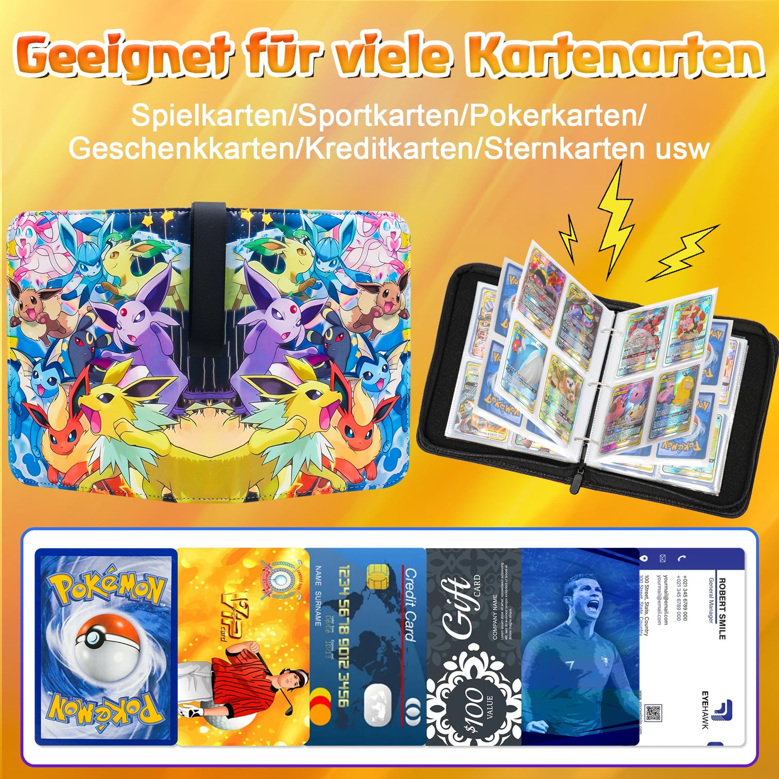 LYAILOOGXL Sammelalbum für Pokemon 4 fächer, Reißverschluss Sammelkarten Album Passt für 400 Karten mit 50 Abnehmbaren Hüllen, Sammelmappe Geschenk für Kinder Kartensammler - 4