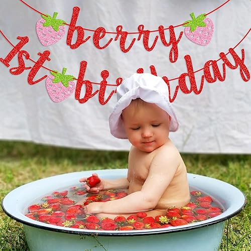 Miniatura 7 de Banner de primer cumpleaños de bayas, pancarta de fresa con purpurina, decoración de primer cumpleaños (rojo)
