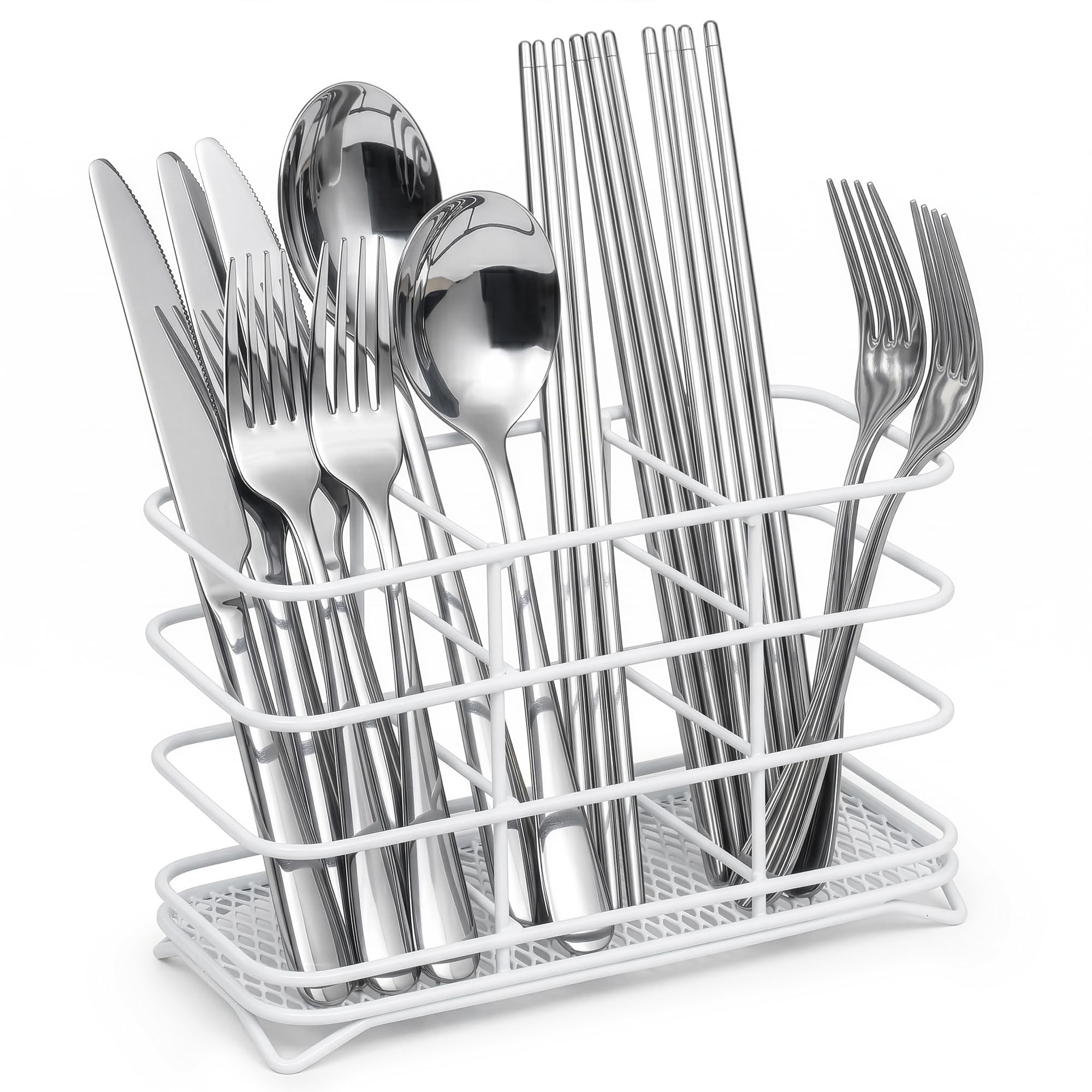 WINSOME Cutlery Drainer for Sink | Steel Cutlery Holder with 3 Separate Compartments | Open Mesh Base Cutlery Drying Rack to Prevent Water Pooling (White)