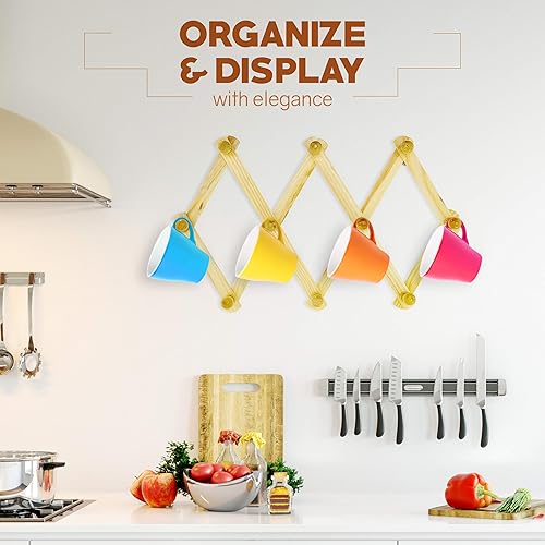 Miniatura 6 de RAM-PRO - Juego de 3 estantes de pared de madera de estilo acordeón expandible para sombrero, gorra, cinturón, paraguas taza de café, joyería,